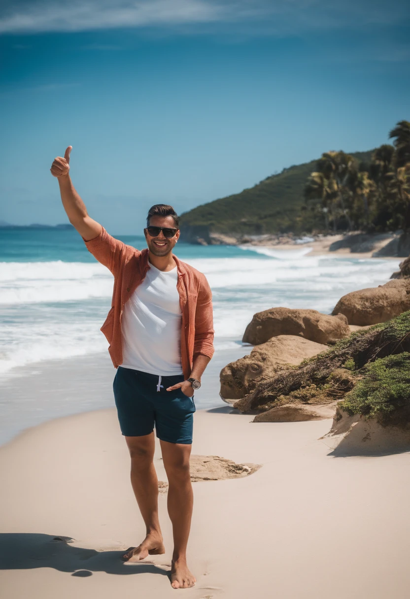 There's a man on the beach giving a thumbs up, Fotografia selfie 8k, standing on a beach in boracay, roge antonio, standing at the beach, standing near the beach, Ronaldo Nazario, Notan sol no fundo, Assumido em Go Pro Hero8, posando em uma praia com o oceano, foto de praia, O oceano ao fundo
