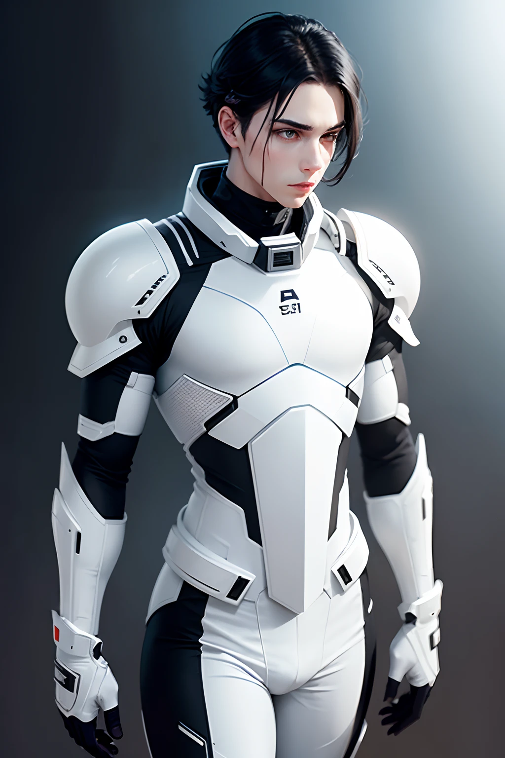 Sci fi white armoured suit, white gloves, male, black hair, pale skin, young male, tight gloves, shoulder guard, neck guard, sleek skin tight armour, hands visible, tight gloves, looking at camera, boots