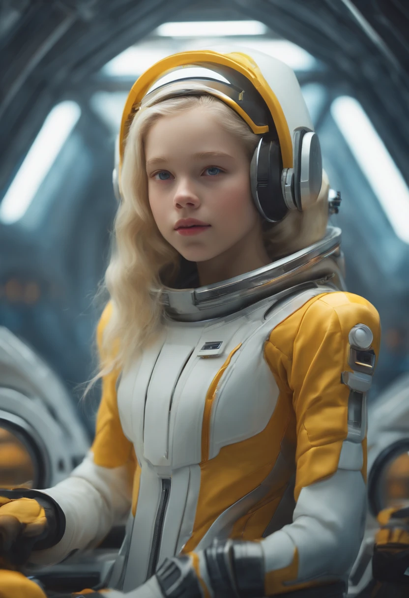 (Young Girl, 12 years old, a blond, Photorealistic, pale skin), (yellow (Eyes:1.2)), (slim build:1.3), (Fantasy spacesuit), Beautiful face, Symmetrical face, Greg Rutkowski, WLOP and Sam Kuvshinov, (Long hair), Blonde eyelashes, Large iris, Big pupils, Full body, Stand on the background of the cosmodrome, art stations, 8K, Science fiction, Pastel colors, props, panel, Concept, Futuristic, Gribble, Simon Starenhug, spaces, In outer space, Spaceship in the Sky, Technological Blocks