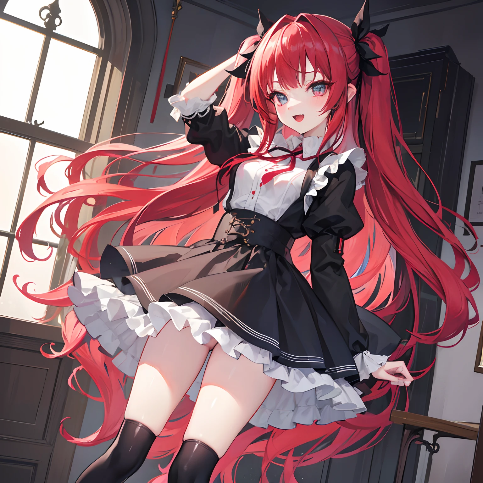 Highly detailed and realistic CG, Colorful, Masterpiece, Best Quality, magnificent, jewel-like eyes, 1girl, solo, loli, petite, cute girl, red hair, wavy hair, gothic school uniform, black and white clothes, smile, standing, hand on hair, gothic ribbon, ribbon tie, classroom, small breasts, open mouth, fangs, miniskirt, gothic boots, from front, dutch angle,