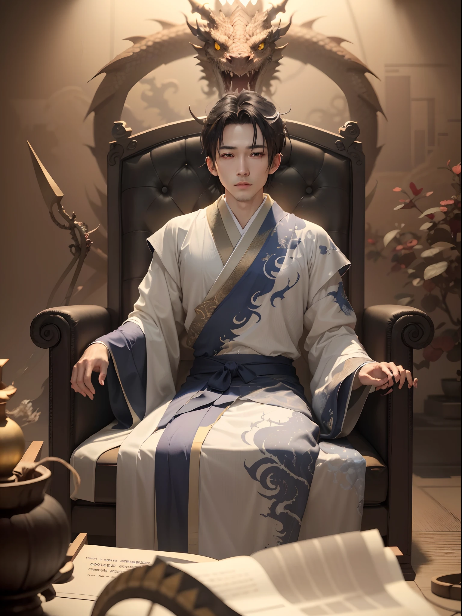 handsaome indo-javanese, short dark gold hair, ivory skin, gentleman, feng sgui master, gemonacy master, fisiognomy master, photo realistic, 3:3, japanese eyes anime, harry potter character, sitting on a chair with dragon robe, imaginery back ground surraounded, nikon d7200, cinematic art, unreal engine auto, s2