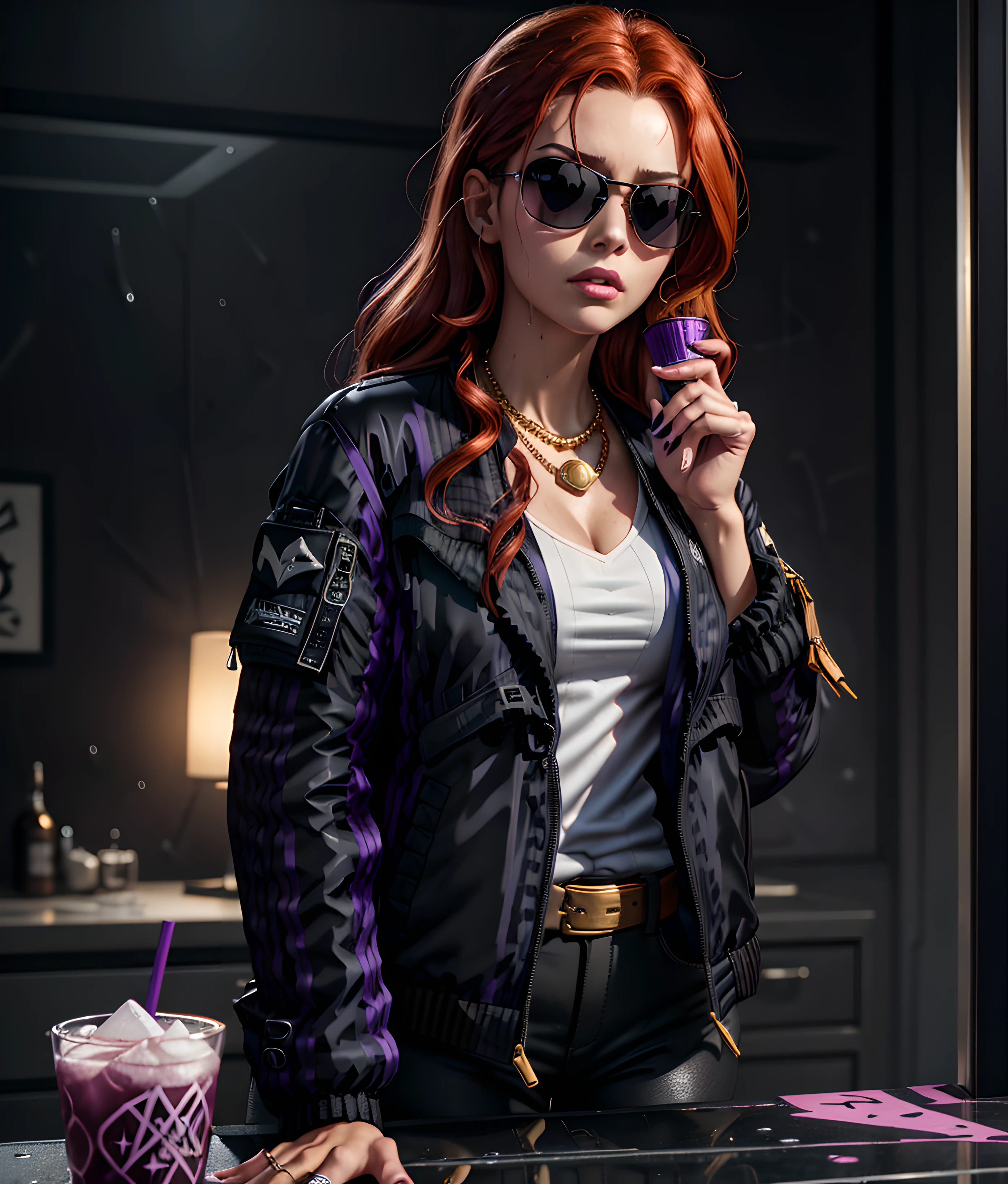 Kim Possible is a striking figure in her black puffer jacket, and the intricate details of the outfit are rendered with unsurpassed quality and attention to detail.
The realistic textures and reflections on the jacket stand out, making the raindrops feel almost tangible.
The reflections on her shiny outfit are incredibly crisp, enabling you to see your own reflection.
Kim's holding a white styrofoam cup filled with a purple drink.
As she stands with her back to the viewer, she emanates a captivating vibe of mystery and allure.
The scene is a masterpiece, boasting impeccable quality and ultra-detailed features that showcase the artist's superb craftsmanship.
Utilizing the latest technology in rendering, the result is a stunningly realistic portrayal of Kim's outfit.
The reflections and raindrops on her black Montclair jacket, along with her gold chain and jewelry are portrayed with the utmost care.
The low-angle shot looking up adds to the sense of grandeur as Kim's head faces the viewer, and her aviator-style sunglasses enhance her stylishness.
background with a grey color pallet in a hosue party.
As she appears wet from the rain.
Kim's fiery red hair is also a standout feature that adds to her already stunning appearance.
Her locks fall in gentle waves down her back, Additionally, her sharp, green eyes are piercing and intense.
Overall, her physical features are portrayed with the same level of intricacy and attention to detail as her outfit.
with a purple drink in her hand,
an album cover inspired by L. A.
Ring, tumblr, conceptual art, art style and cover inspired by chief keef, playboi carti.
aesthetic shot, hip hop vaporwave, clean artstyle, dripped out , purple drank. ((Night:1.9)),
((Black jacket:1.7)) , ((Graffiti:1.3)), ((House party: 1.6)) , ((Gold necklace : 1.8)) , ((Serious:1.5))