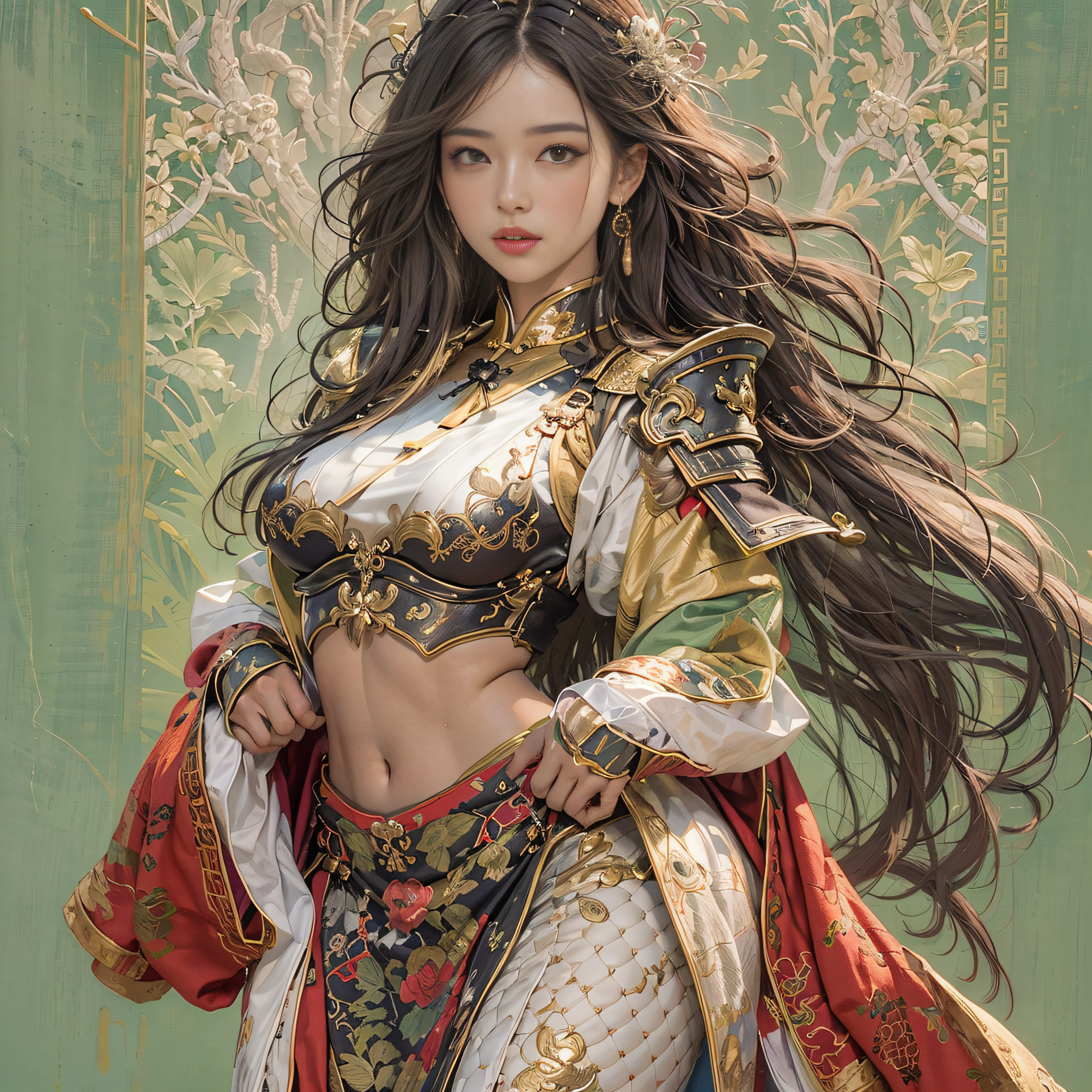photorealistic portrait, high-res, Soft light,1woman, bara, full body image, Slender Figure, Beautiful hips, gleaming skin, Overflowing big breasts, Charming gestures, Reveal the breasts........., (higly detailed face), Beautiful Chinese Armor