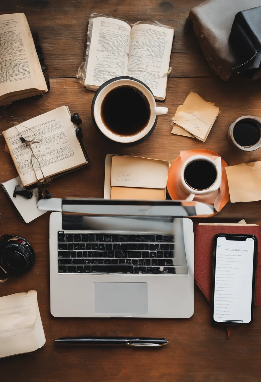 A photo of a messy student table with open books, un ordinateur portable, Scattered notes, A half-empty cup of coffee, and a phone displaying multiple notifications.