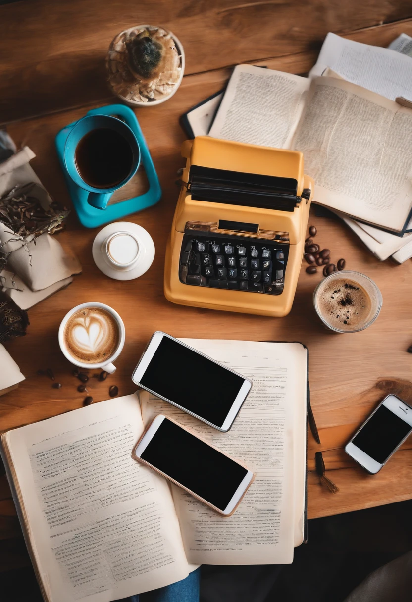 A photo of a messy student table with open books, un ordinateur portable, Scattered notes, A half-empty cup of coffee, and a phone displaying multiple notifications.