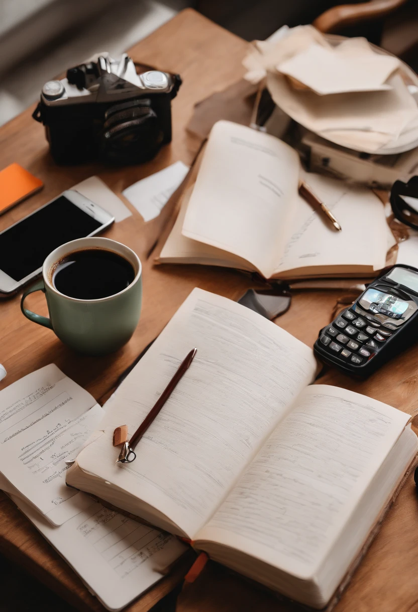 A photo of a messy student table with open books, un ordinateur portable, Scattered notes, A half-empty cup of coffee, and a phone displaying multiple notifications.