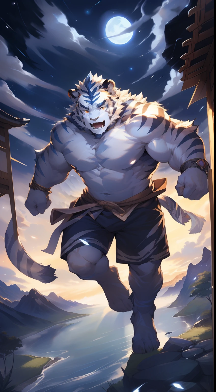 (masterpiece, 4k ,ultra detailed:1.2),(fantasy:1.2),illustration,(realistic:1),(photorealistic:1), (Volitiger, the champion from League of Legends:1.6), (white hair, very long fur:1.6),(roaring with open mouth:1.3),(white tiger with blue eyes and a glowing light on its face:1.4), (musculous body, blue rays coming out of eyes,rays surrounding around, giant tiger:1.3), (forest, night, lighted mushrooms, fireflies:1.2)