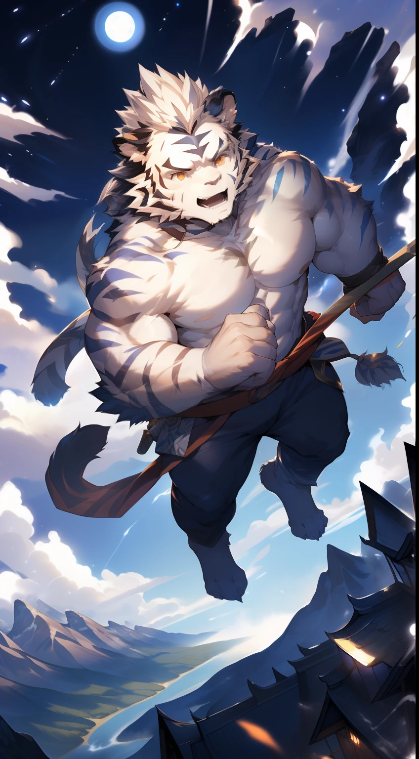 (by null-ghost, by thebigslick, By Darkgem, by Honovy), Kogenta (Onmyoji Oyamaji Temple), high-definition photograph, Perfect anatomy, Anthropomorphic white tiger, male people, 20yr old, god of thunder, Thick eyebrows, Light blue stripes, Strong body, large pecs, Pink milk clusters, He floats in the air, Wearing flowing white Hanfu, White clouds surrounded him, one arm raised, Summon thunderbolts，(In the valley at night:1.5), Serious expressions, Be red in the face, Golden pupils, Look down on the Earth, Clear facial features, Strong, Solo, top views, Electric currents，fog atmosphere, Clouds，upper sky