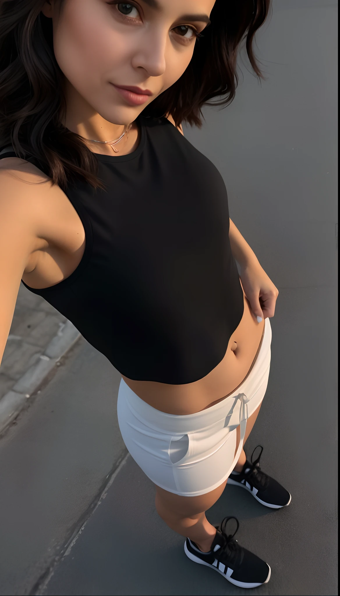 There is a woman on the street with her hands on her hips, tinyest midriff ever, tanque preto apertado, usando uma regata preta cropped, usando uma regata cropped preta, usando um top cropped sexy, tiro do meio cintura para cima, she is wearing a black tank top, cintura - tiro, physical : tinyest midriff ever