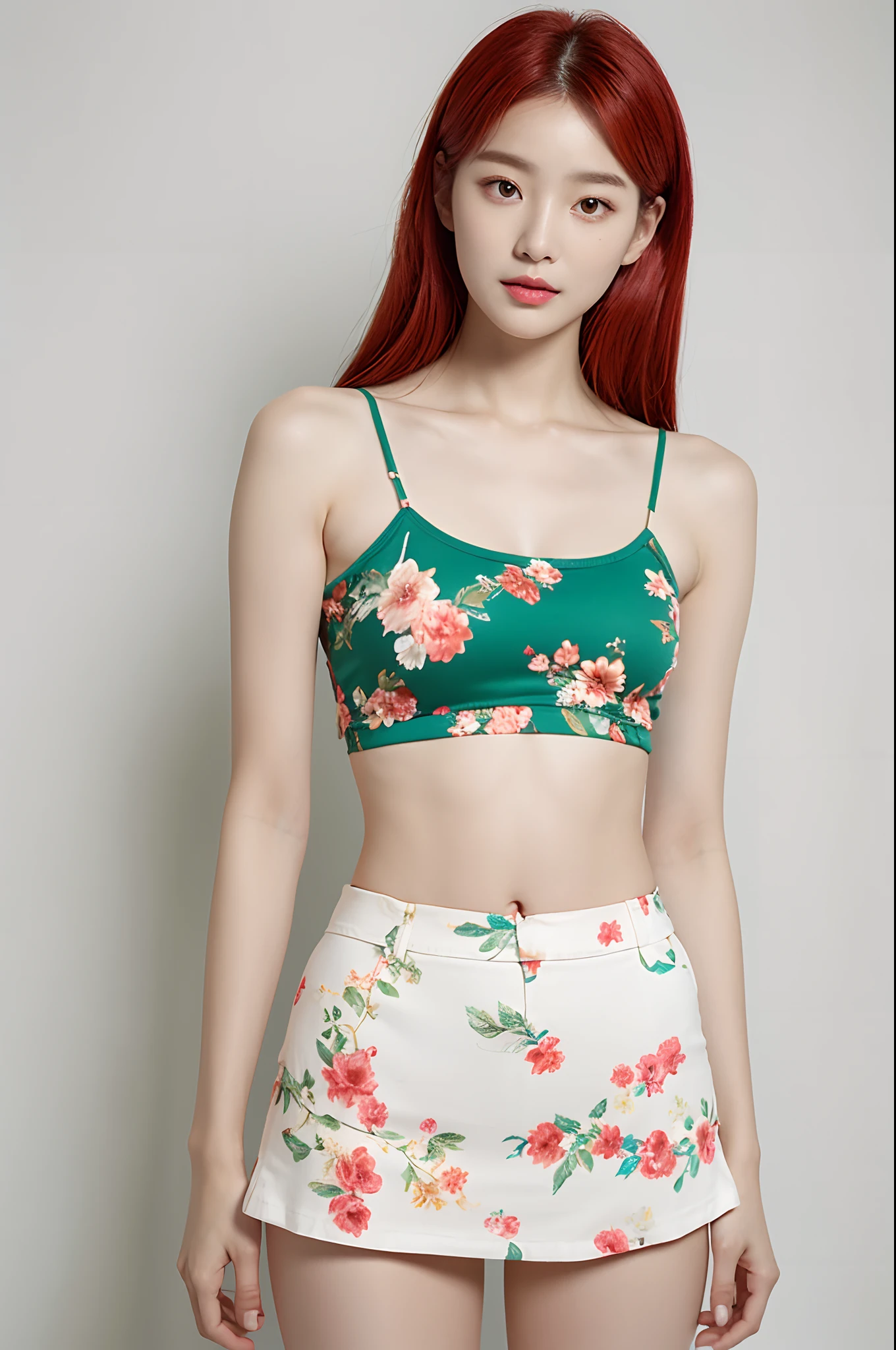 a woman in a floral crop top and mint skirt posing for a picture, croptop, crop top, bralette, wearing white camisole, bae suzy, wearing a camisole, physical : tinyest midriff ever, gorgeous young korean woman, heonhwa choe, cutecore, lulu chen, reluvy5213, light red hair