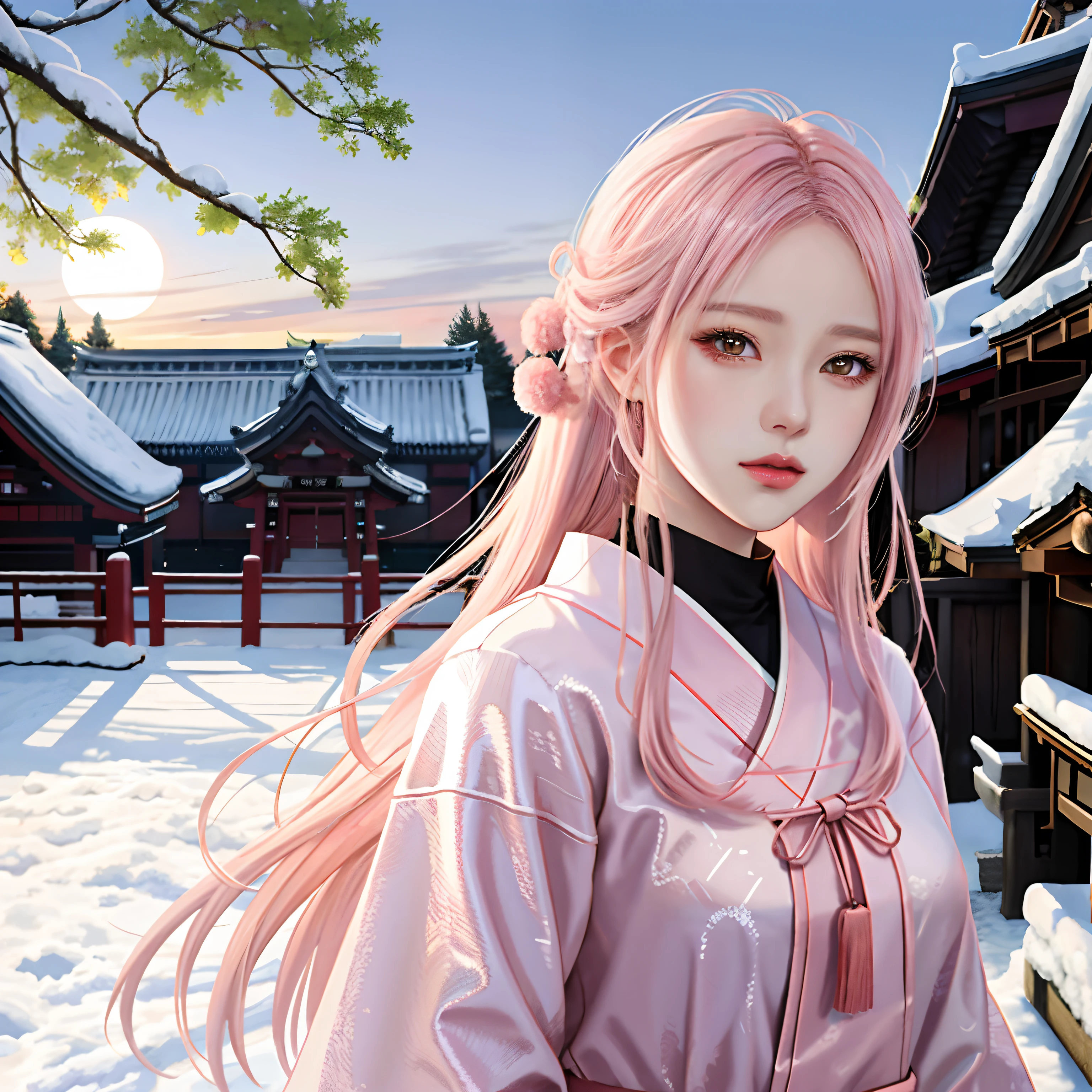 Inspired by Yuumei,Digital anime art,Girl with pale pink hair looking at the camera,wearing leather armor,Japanese shrine costumes,(A half body:1.5),(There was a huge white wolf beside the girl:2),under moonlight,snowfield,Inspired by Yuumei,Digital anime art,Color digital painting,Rossdraws cartoon vitality,style of anime4 K,Alice X. Too many words,Digital anime illustration,a beautiful anime portrait,vibrant digital painting,Detailed digital anime art,anime digital art