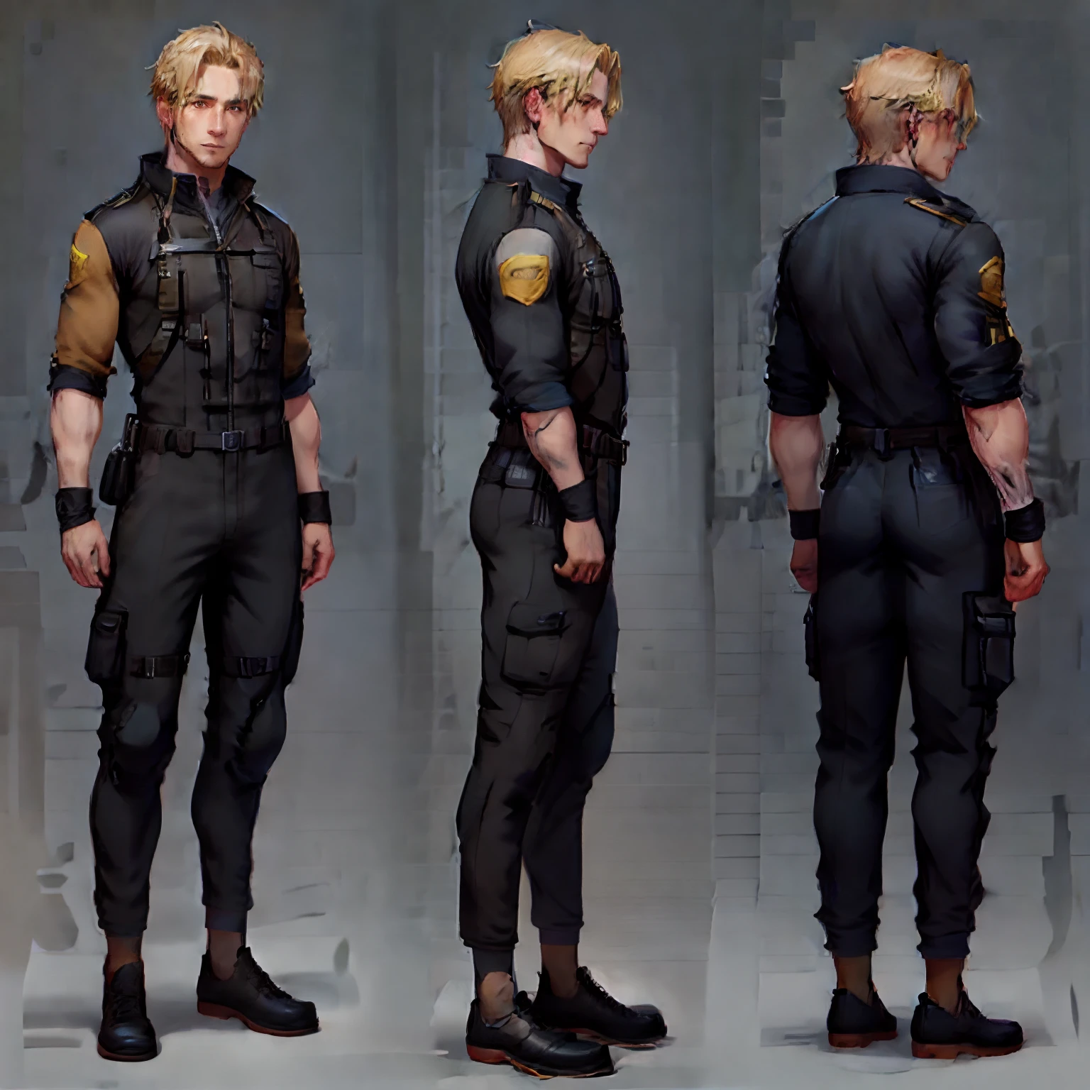 blonde man with freckles and yellow eyes, wears a black jumpsuit and gloves