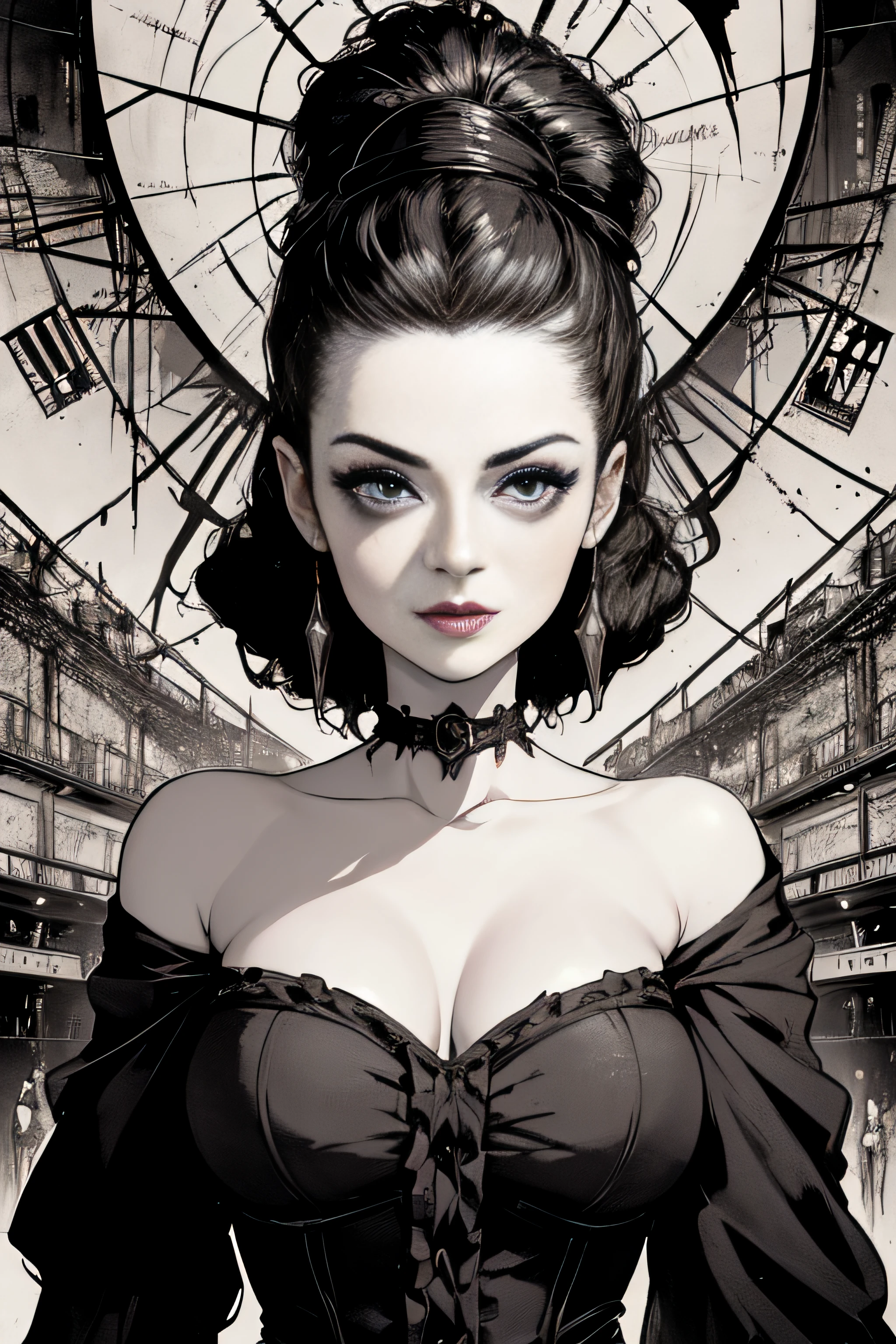 (Masterpiece, Best Quality), 8k Wallpaper, highly detailed, poster, bride of frankenstein, collage, vintage horror, 1940s, sexy female horror thriller cinematic movie poster, Bauhaus, shapes, lines, abstract, propaganda, gothic, movie poster, vintage, sexy, erotic, Victorian era.