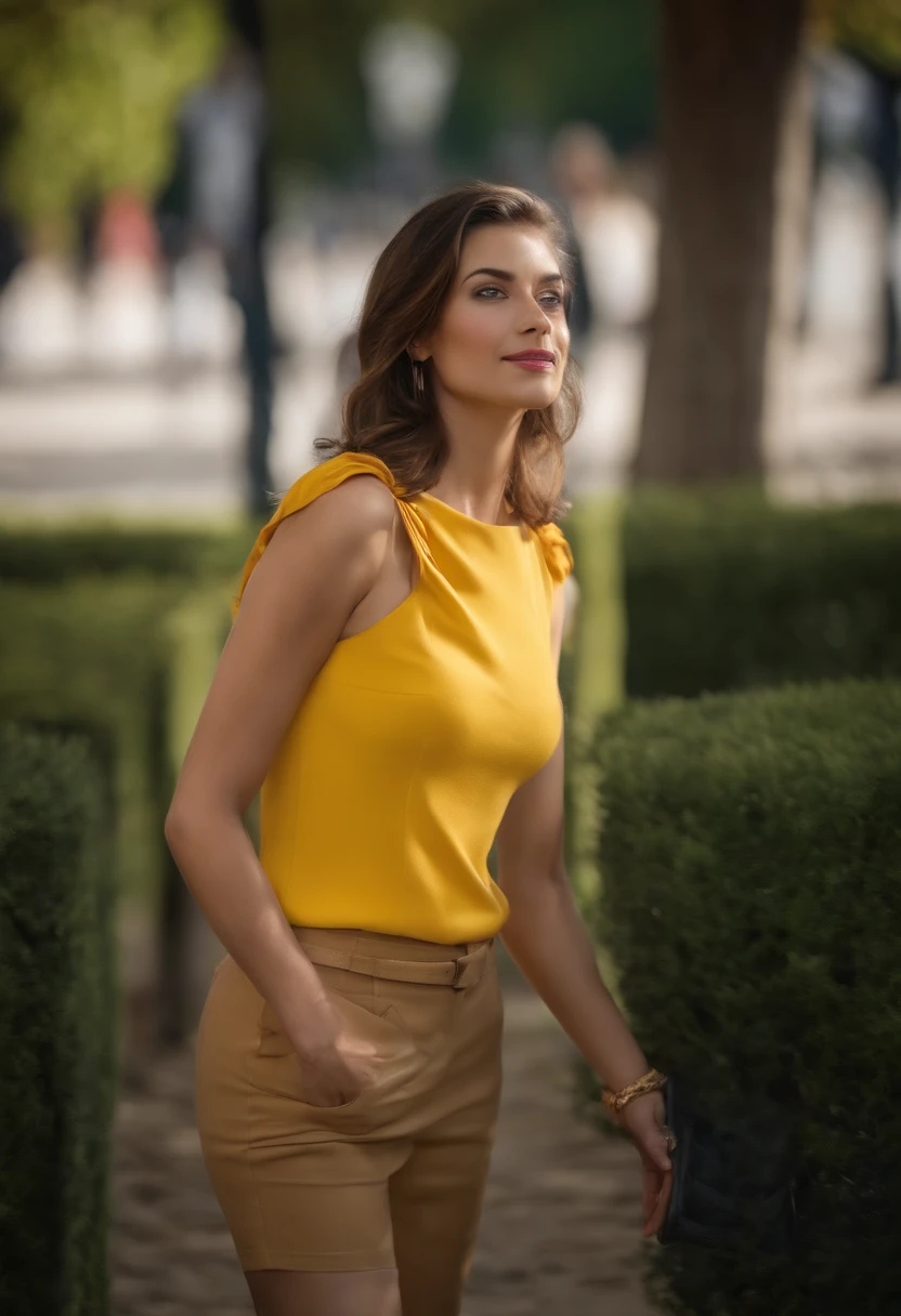 French woman, very realistic, brunes cheveux longs, Hair free, corps entier, jean moulant, chaussures Christian Louboutin rouge, Yellow short-sleeved jersey, Walking in a school, marche devant le photographe, photo naturelle, realistic face, visage parfait, realistic skin, professional color grading, ombres douces, Pas de contraste, photo nette, realistic image
