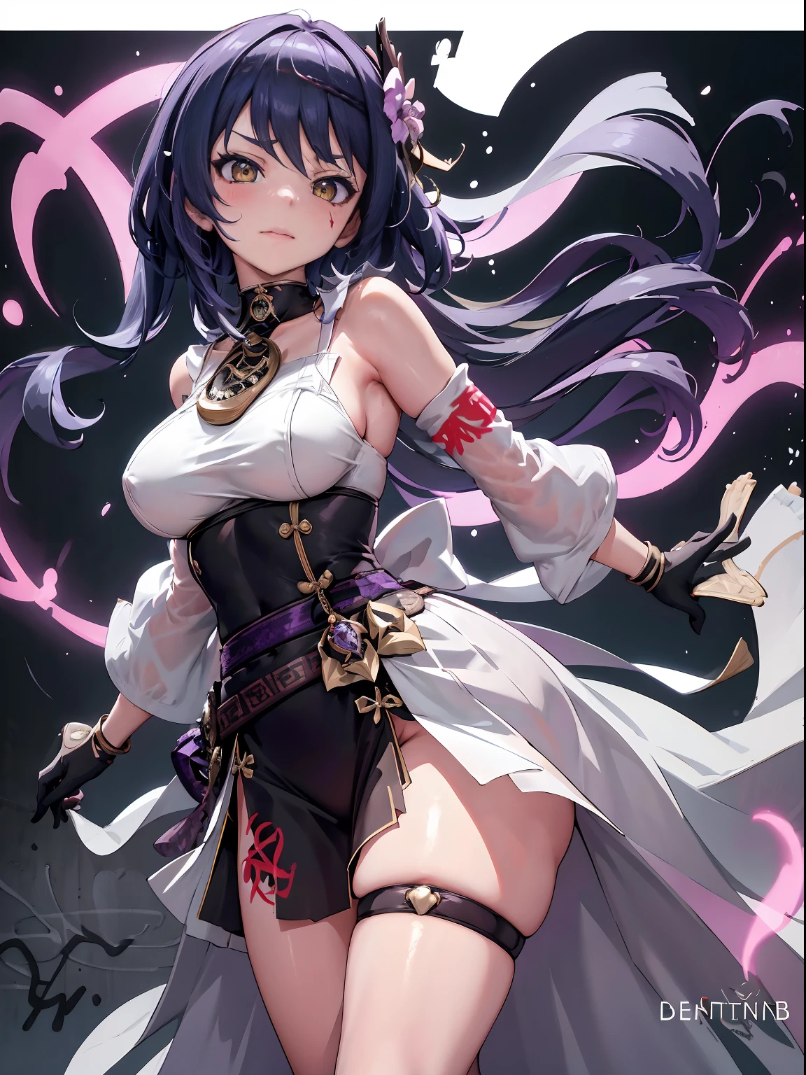 Kujou Sara| genshin impact, master-piece, bestquality, 1girls,25 years old, proportional body, proportional., Wedding Dresses, White Wedding Dress, wedding,Long skirt, mediuml breasts, ,bara, choker, (Graffiti:1.5), Splash with purple lightning pattern., arm behind back, against wall, View viewers from the front., Thigh strap, Head tilt, bored, 10, 10, HD,