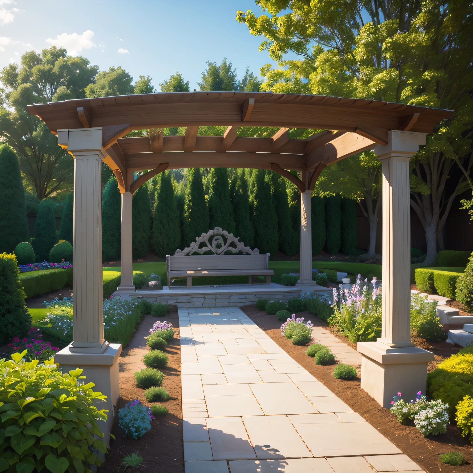 Front yard low maintenance landscape design with Arbors or Pergolas, Decorative Stones, Garden Benches, Outdoor Sculptures