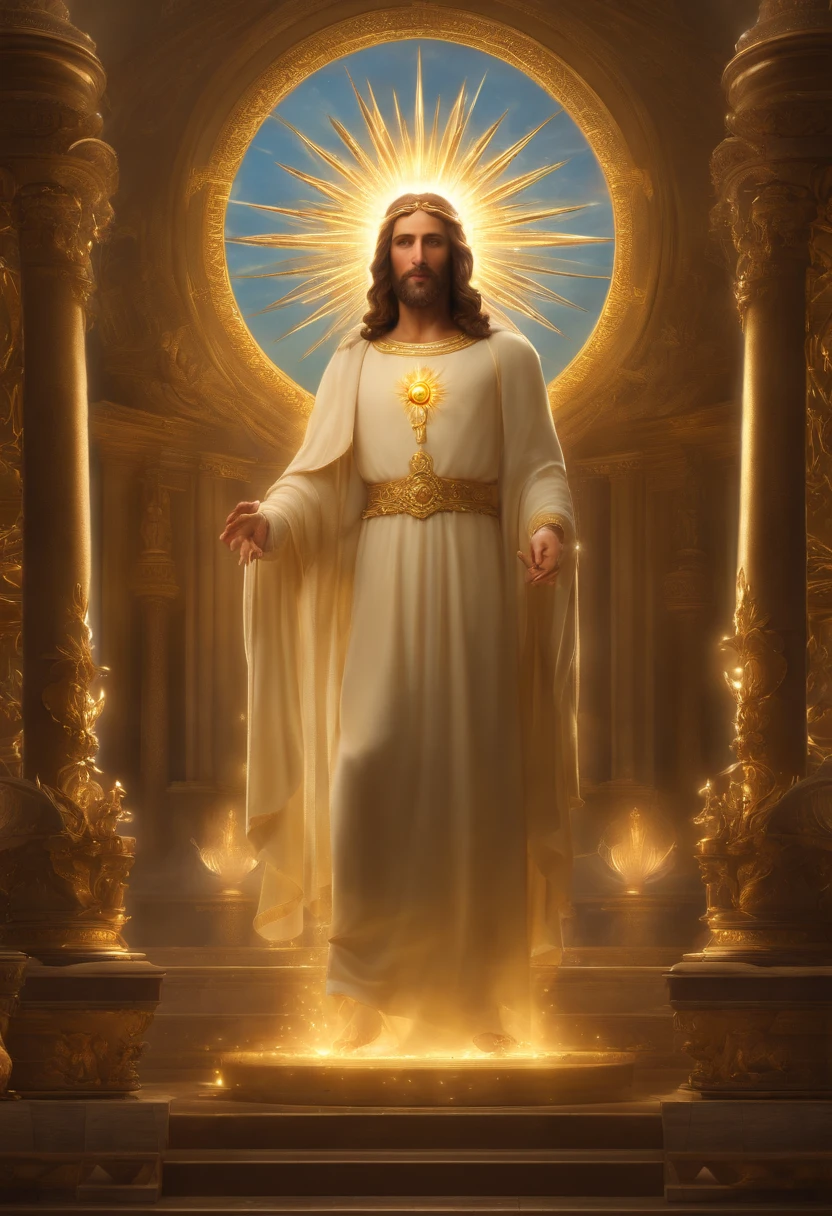 highly detailed portrait of a jesus christ sun god halo of light, gold, unreal engine, art by mark ryden, lostfish, earl norem, global illumination, god rays, detailed and intricate environment, elden ring style