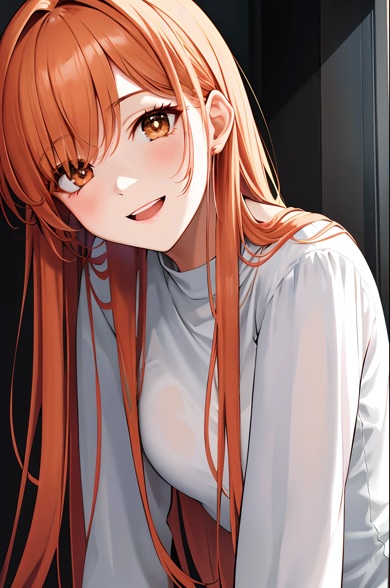 Absurdres, Masterpiece, Best quality, light colors, pastel colors, korean girl with Beautiful face , a character from kdrama , orange hair with bangs, double eyelid, happy face