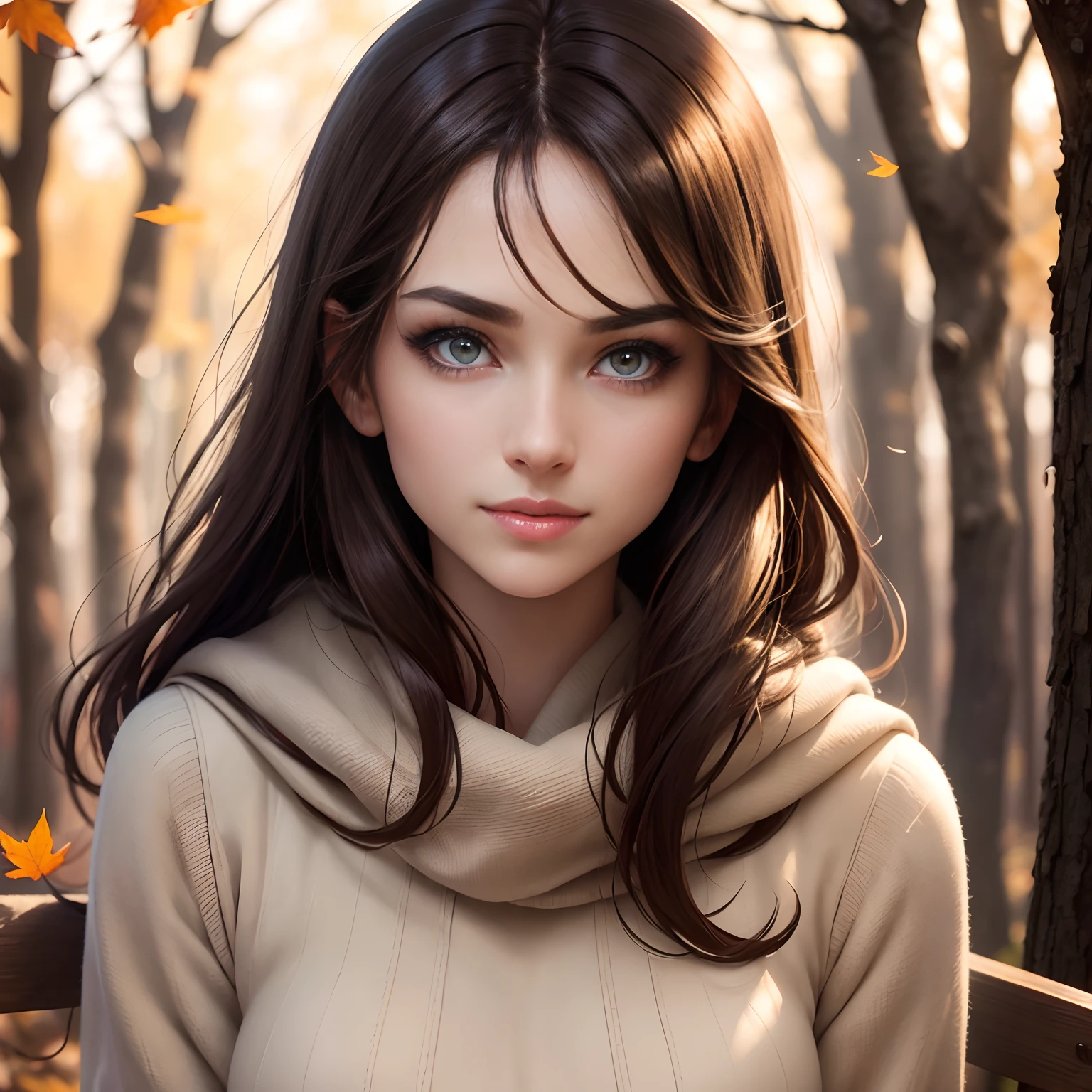 an attractive young female, super beauty, very slender figure, dark brown hair, tied hair on front head, skinny face, strongly impressive eyes, ultra detailed bright eyes, eyes with light pigment, dense long eyelashes, straight nose, sexy lips, smooth pale shiny skin without makeup, thoughtful gentle smile, autumn warm clothes, early autumn woods