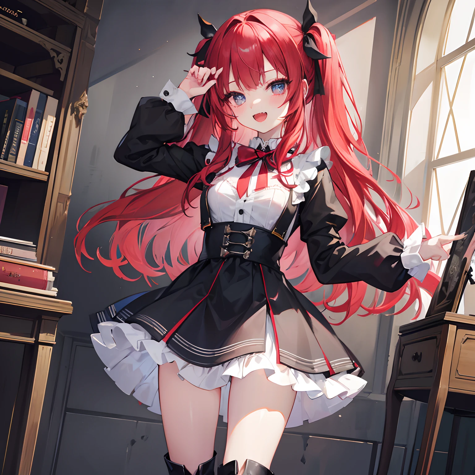 Highly detailed and realistic CG, Colorful, Masterpiece, Best Quality, magnificent, jewel-like eyes, 1girl, solo, loli, petite, cute girl, red hair, wavy hair, gothic school uniform, black and white clothes, smile, standing, hand on hair, gothic ribbon, ribbon tie, classroom, small breasts, open mouth, fangs, miniskirt, gothic boots, from front, dutch angle,