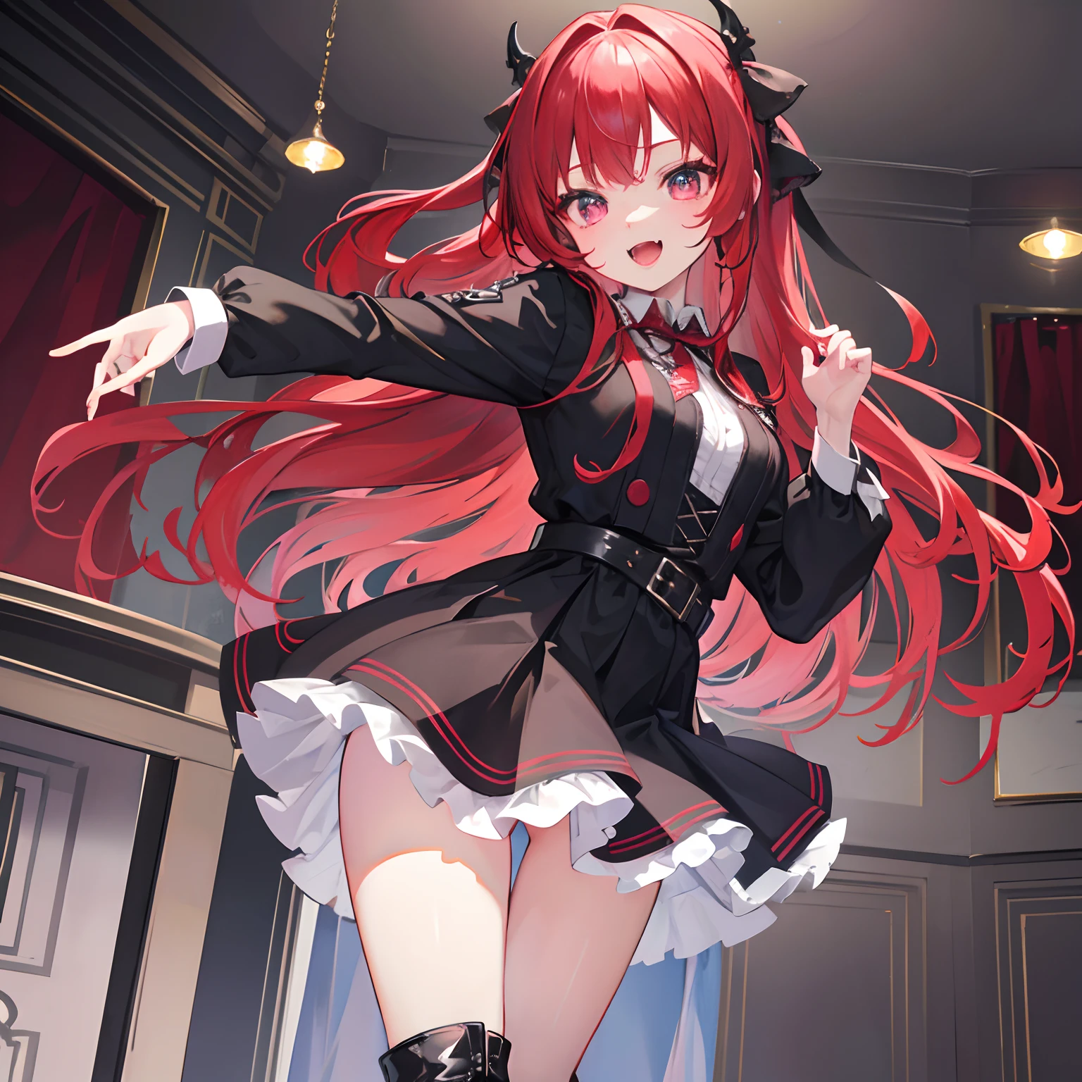 Highly detailed and realistic CG, Colorful, Masterpiece, Best Quality, magnificent, jewel-like eyes, 1girl, solo, loli, petite, cute girl, red hair, wavy hair, gothic school uniform, black and white clothes, smile, standing, hand on hair, gothic ribbon, ribbon tie, classroom, small breasts, open mouth, fangs, miniskirt, gothic boots, from front, dutch angle,