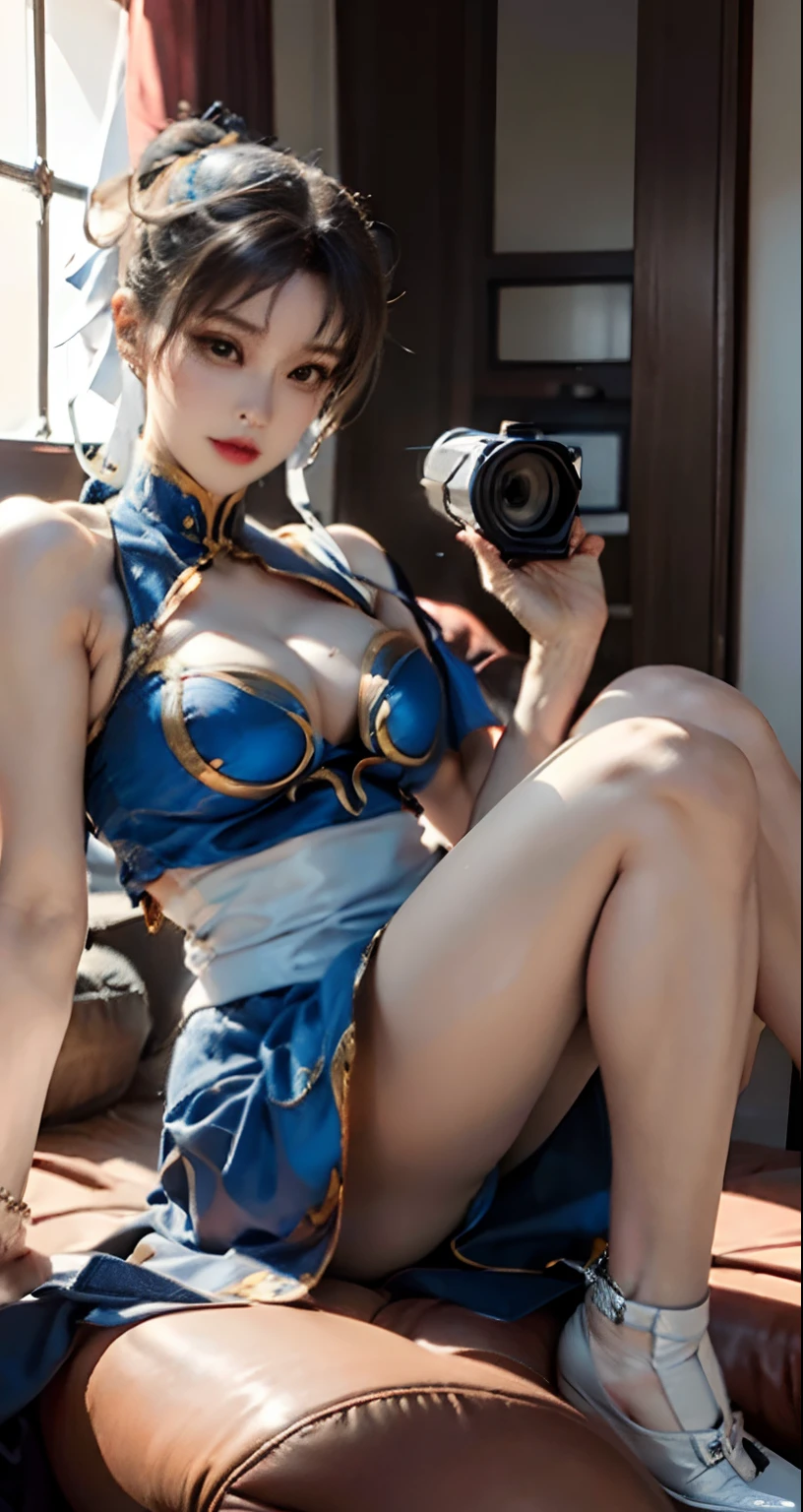 (best quality)), ((master part)), ((Realistic)), (circunstanciado, fotorrealista, ultra-detalhado, Absurdo), Foto de uma Mulher ((chun-li)) linda em seus 21 anos,corpo definido,hot, cabelos preto, giant bust e olhos amplamente detalhados, usando lingerie vermelha sensual , sexy e provocante, Erotic Car