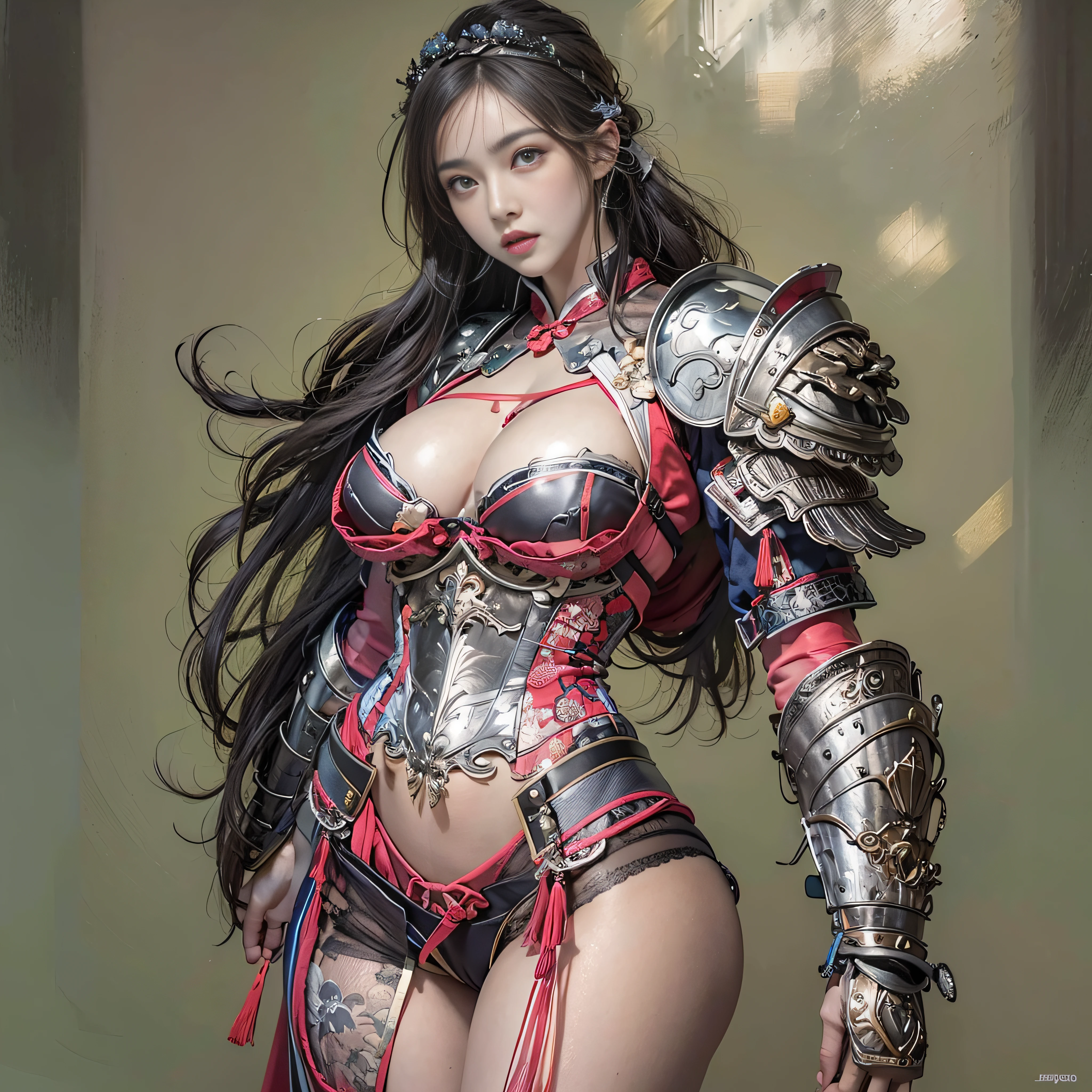 photorealistic portrait, high-res, Soft light,1woman, bara, full body image, Slender Figure, Beautiful hips, gleaming skin, Overflowing big breasts, Provocative gestures., Reveal the breasts...., (higly detailed face), Beautiful Chinese Armor