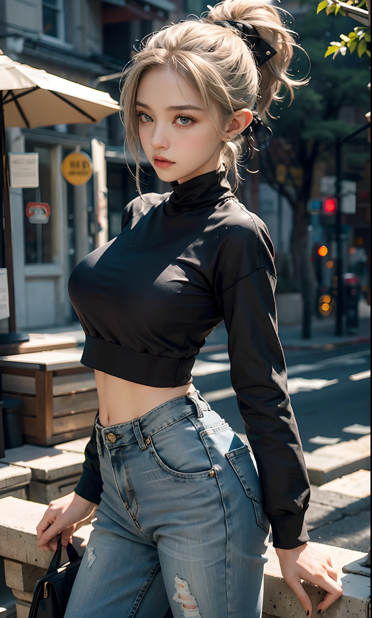 (raining day:1 silver-haired girl, Girl), tmasterpiece, best qualtiy, RAW photogr, realisticlying, the face, Incredibly Ridiculous res, Beautiful elf beauty,(Elf pointed ears),ear studs,Get wet all over, (Champagne-colored ultra-short hair,Half-tied ponytail), Sweatshirt,tiese,Half-leg jeans,Short black socks,Short black socks,Low-top canvas shoes,depth of fields, A high resolution, ultra - detailed, filigree, RAWE is very detailed, very detailed eyes and faces, Sharp pupils, realistic pupil, tack sharp focus, cinmatic lighting,full bodyesbian,Bigboobs,long leges,From the front side,Main street on a rainy day,dynamicposes,(Extremely normal body:2.0)