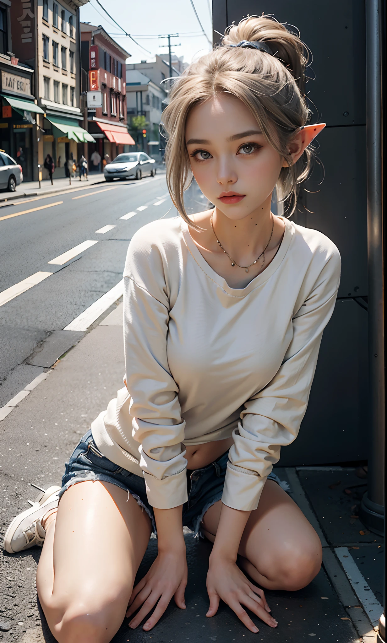 (raining day:1 silver-haired girl, Girl), tmasterpiece, best qualtiy, RAW photogr, realisticlying, the face, Incredibly Ridiculous res, Beautiful elf beauty, ear studs,Get wet all over, (Champagne-colored ultra-short hair,Half-tied ponytail), Sweatshirt,tiese,Half-leg jeans,Short black socks,Short black socks,Low-top canvas shoes,depth of fields, A high resolution, ultra - detailed, filigree, RAWE is very detailed, very detailed eyes and faces, Sharp pupils, realistic pupil, tack sharp focus, cinmatic lighting,full bodyesbian,Bigboobs,long leges,From the front side,Main street on a rainy day,dynamicposes,(Extremely normal body:2.0)