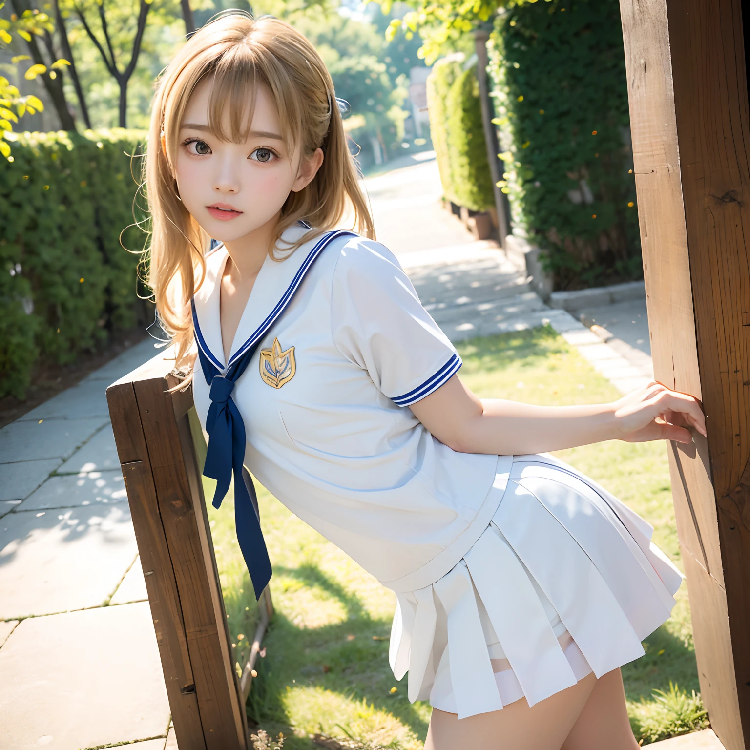 (masutepiece, Best Quality:1.2), 8K, Official art, Raw photo,Angle from directly below、Taken from directly below、Jumping、White panties 、Full Bord Bill Four、cute butt、 s、Skirt flutters、skinny、14years、unbeliev Ridiculous, (Upper body, 校服、No sailor suit:1.4), Beautiful Girl, Pretty Face, arching back down,、Gold hair ornament on hair、Natural jumps、Sailor Suit, Short sleeve, violaceaess, Teen, Looking at Viewer, Film grain, chromatic abberation, Sharp Focus, face lights, Dynamic lighting, Cinematic lighting, Eyes and faces with detailed, Bokeh background,