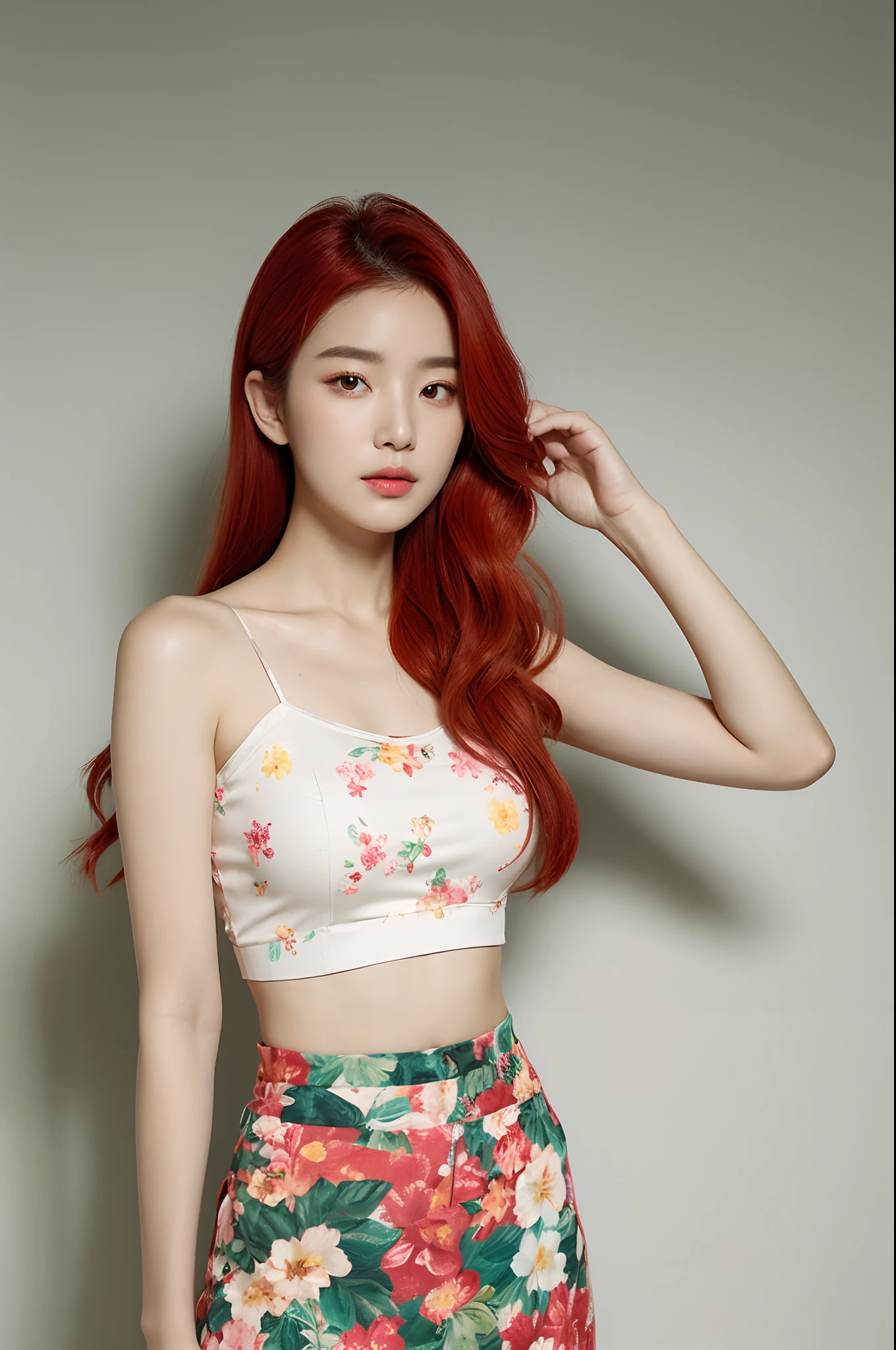 a woman in a floral crop top and mint skirt posing for a picture, croptop, crop top, bralette, wearing white camisole, bae suzy, wearing a camisole, physical : tinyest midriff ever, gorgeous young korean woman, heonhwa choe, cutecore, lulu chen, reluvy5213, light red hair