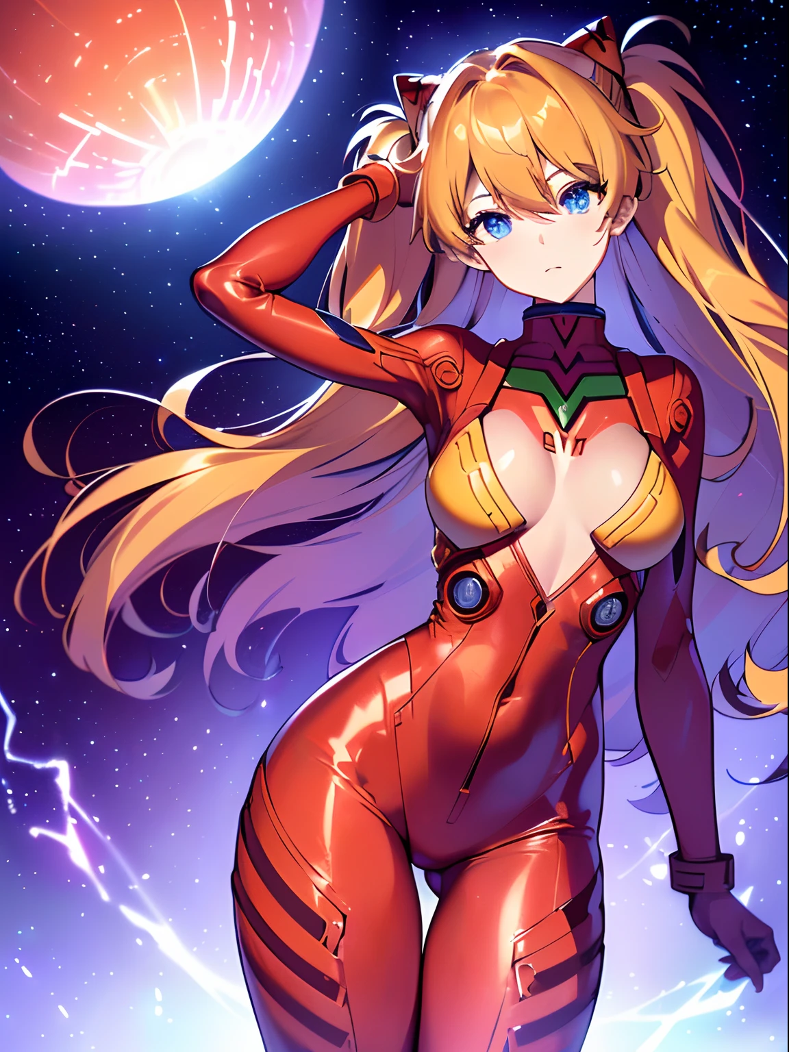 ((souryuu asuka langley, interface headset, red bodysuit:1.4, blonde)),(glowing eyes:1.233),(beautiful and detailed eyes:1.1),(expressionless,closed mouth),(standing), 1girl,solo,(masterpiece,best quality, official art,aim to viewers, beautiful and aesthetic:1.2),(ultra high res,spiral, golden ratio, (4k), see from above,((above the earth)),((in the space)),floating,good lighting, (photon mapping, radiosity, physically-based rendering,automatic white balance), technological sense,Amazing,sharp focus,rich background, (((high detailed skin,)))dynamic lighting,intricate detailed outfit,glowing eyes,watery eyes,(masterpiece sidelighting),(bishoujo,lustrous),[[delicate fingers and hands:0.55]::0.85],(detail fingers),((((SLR camera lens reflected in the eyes,Ultra Photographic Quality,fisheye,ultra wide angles)))),((incredibly absurdres)),micro shot,((extremely_detailed_eyes_and_face)),(disheveled hair),darkness,FilmGirl,It appears to be taken from high above the clouds, as the viewer is presented with a stunning panoramic view of the vast expanse of the sky. The stars twinkle and glimmer, creating a mesmerizing spectacle that is truly awe-inspiring. A colorful rainbow is also visible in the distance, adding a pop of vibrant hues to the otherwise serene and tranquil atmosphere. The sun shines brightly, casting a warm and welcoming glow over the entire scene. Overall, this image is a symphony of colors, light, and beauty that transports the viewer to another world entirely. view from the back