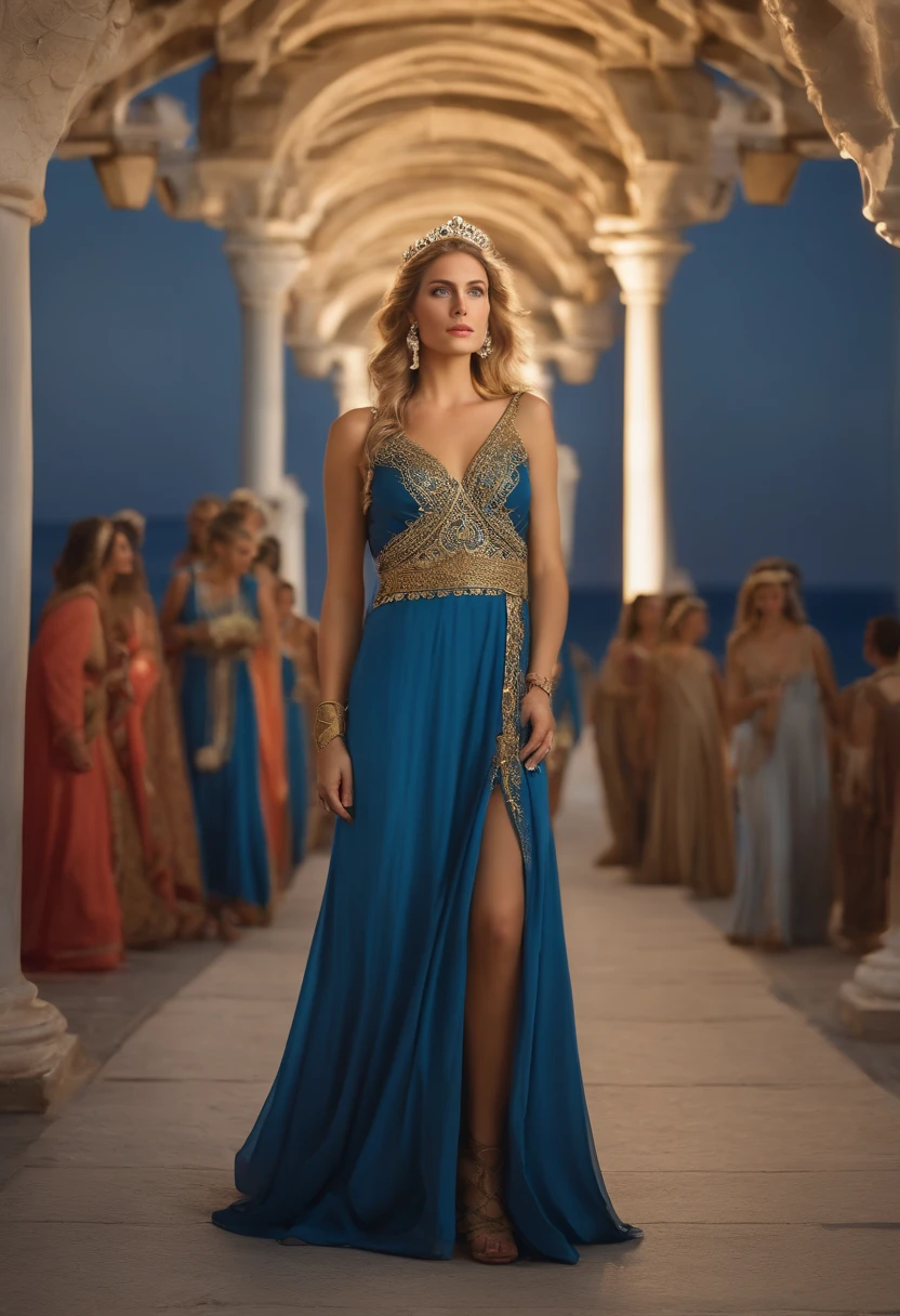 The setting is ancient Greece around the fifth century B.C. A beautiful princess walks through the harbor accompanied by her ladies-in-waiting. The princess wears a diadem on her head and a beautiful richly decorated blue silk tunic. full body, full body view, blond hair, short hair, hair over shoulder, messy hair, eye reflection, sparkling eyes, blue eyes, european eyes, makeup, smile, light smile, seductive smile, light skin, perfect face, beautiful face, perfect feet, very sexy Neoclassicism, classical greek, depth of field, cinematic lighting, reflection light, backlighting, Hasselblad, 135mm, f/16, UHD, masterpiece, anatomically correct, textured skin, super detail, high quality, high details, award winning, highres, 1080P, 8k