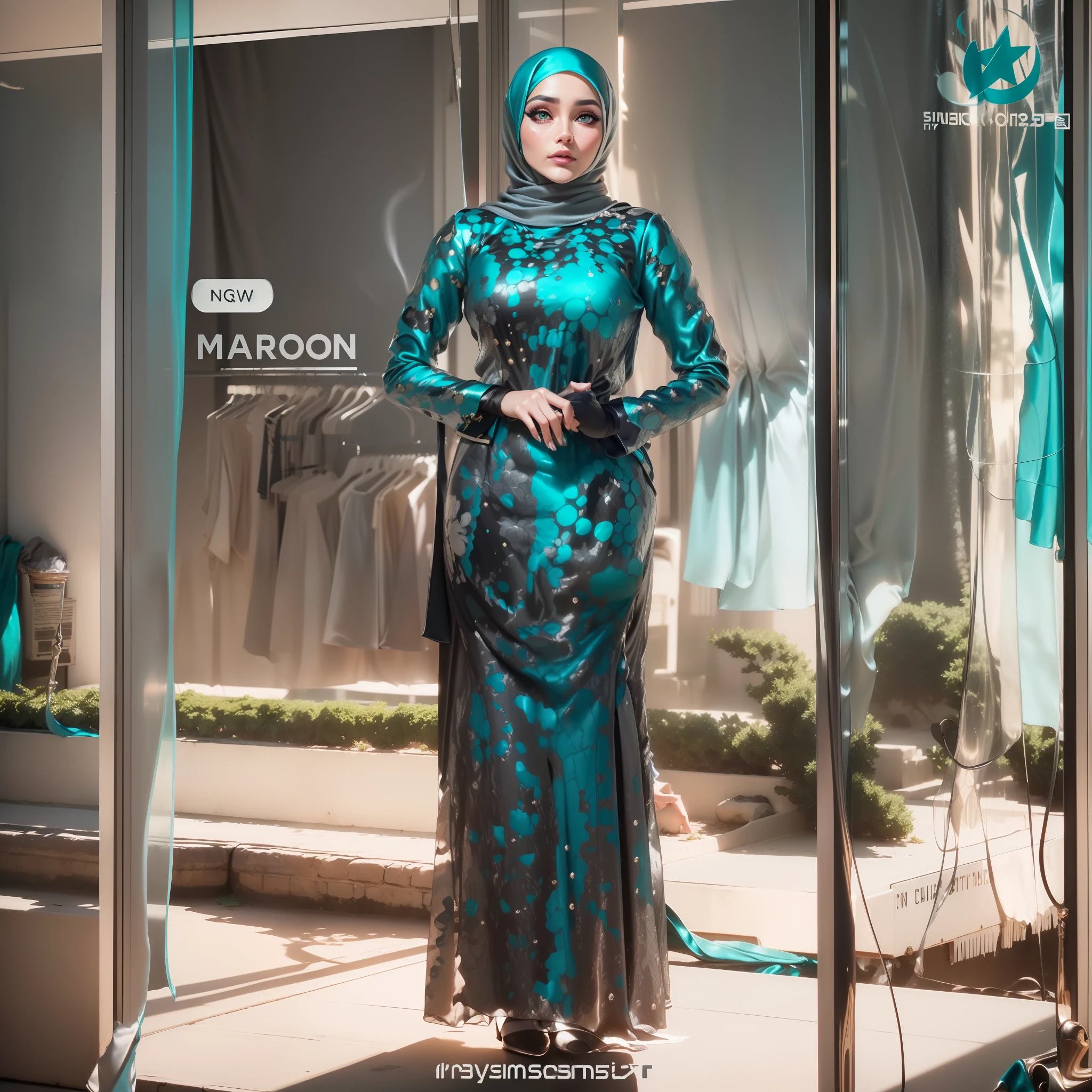 3DMM, ((Masterpiece, best quality, photography, detailed skin, realistic, photo-realistic, 8k, highly detailed, full length frame, High detail RAW color art, diffused soft lighting, shallow depth of field, sharp focus, hyperrealism, cinematic lighting, hijab, a woman in a beautifully makeup, smokey eyeshadow, beautiful big eyes, long eye lashes, wearing (aqua satin hijab), loosely tide hijab style, ((gray satin outfits)),