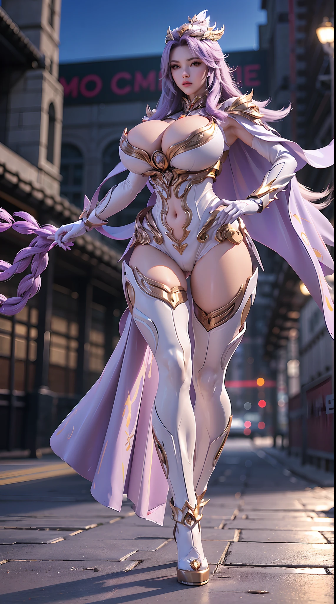 MASTERPIECE, (HAIR ORNAMENT), (HUGE FAKE BOOBS:1.3), (WHITE, PURPLE, GOLD), (STREET CITY BACKGROUND), (FUTURISTIC ICE PHOENIX MECHA BODYSUIT, ROYAL CAPE, CLEAVAGE:1.2), (SKINTIGHT YOGA HOTPANTS, HIGH HEELS:1.2), (PERFECT BODY, FULL BODY VIEW:1.5), (LOOKING AT VIEWER), (WALKING DOWN:1.2), MUSCLE ABS:1.3, ULTRA HIGHT DEFINITION, 8K, 1080P.
