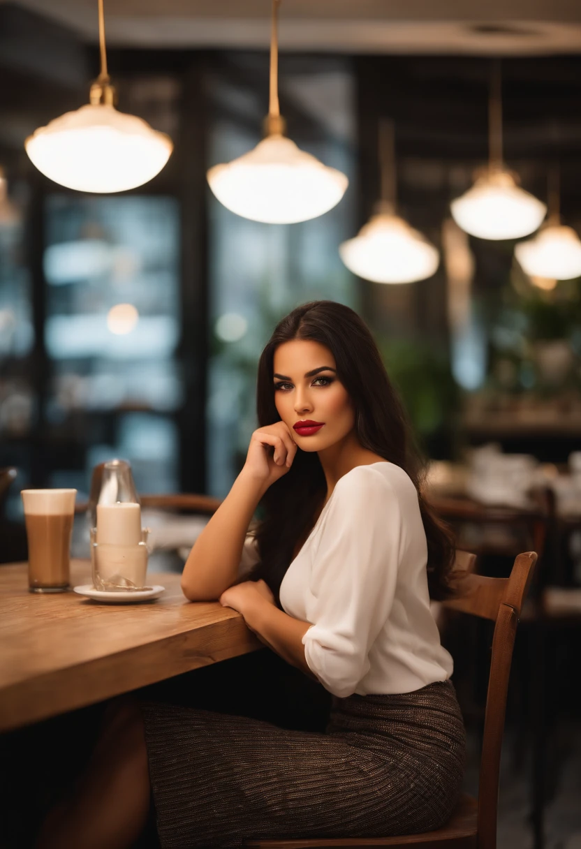 (sharp focus: 1.2), photo (full body) (American flat), attractive 25-year-old, reading menu, sitting in Parisian coffee shop, (beautiful face: 1.1), detailed light brown eyes, delicious lips, (eye makeup: 0.85), (medium breasts: 1.0), (firm body: 1.2), (soft long black hair: 1.2), (long bangs:1.1),wearing (miniskirt) plaid miniskirt, (oversize sweater), (moderate lighting: 1.2), depth of field, bokeh, 4K, HDR. Miss Universe, cover photo. ((skin with small spots and wrinkles), , (moody lighting: 1.2), depth of field, bokeh, 4K, HDR
