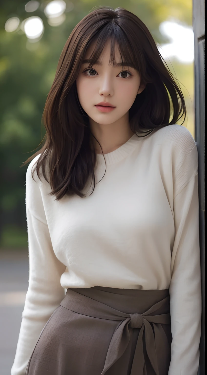 masutepiece, The highest image quality, High quality, Beautiful japanese girl, Cute, Intaglio idle diagram, Detailed, Detailed eyes, Detailed skin, Beautiful skin, 超A high resolution, (reality: 1.4),Very beautiful, Slightly younger face, Beautiful skin, slender, (Ultra photo realsisim), (hight resolution), (8K), (Very detailed) (beautifully detailed eyes), (super detailed), (wall-paper), (Detailed face), view the viewer, Fine details, Detailed face, sad, Sweaters, Skirt, Staring straight ahead, Staring straight ahead, angle from waist up, photos realistic, Bright lighting, Professional Lighting, Mature Woman, (Brown hair, Bob Hair, layers-Cut, Swaying in the wind, Bangs),