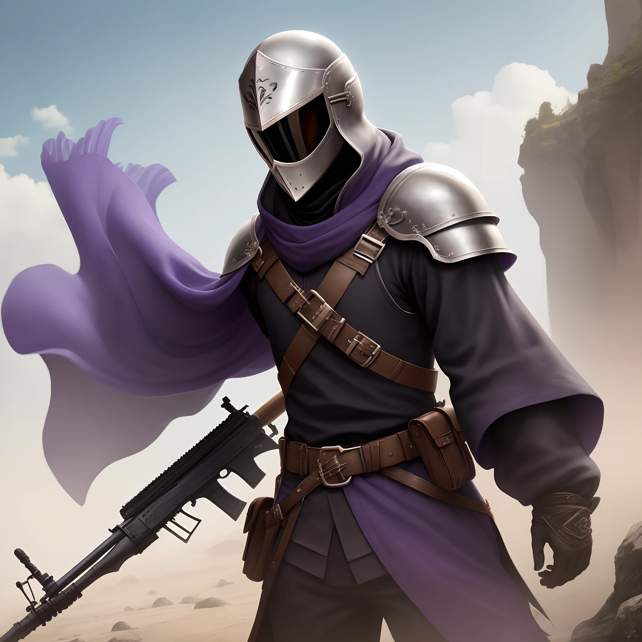 Chico, con una espada, armadura templaria negra, rifle en la espada, ojos color morado, cabello color negro con pelos de abajo morado, fondo de guerra