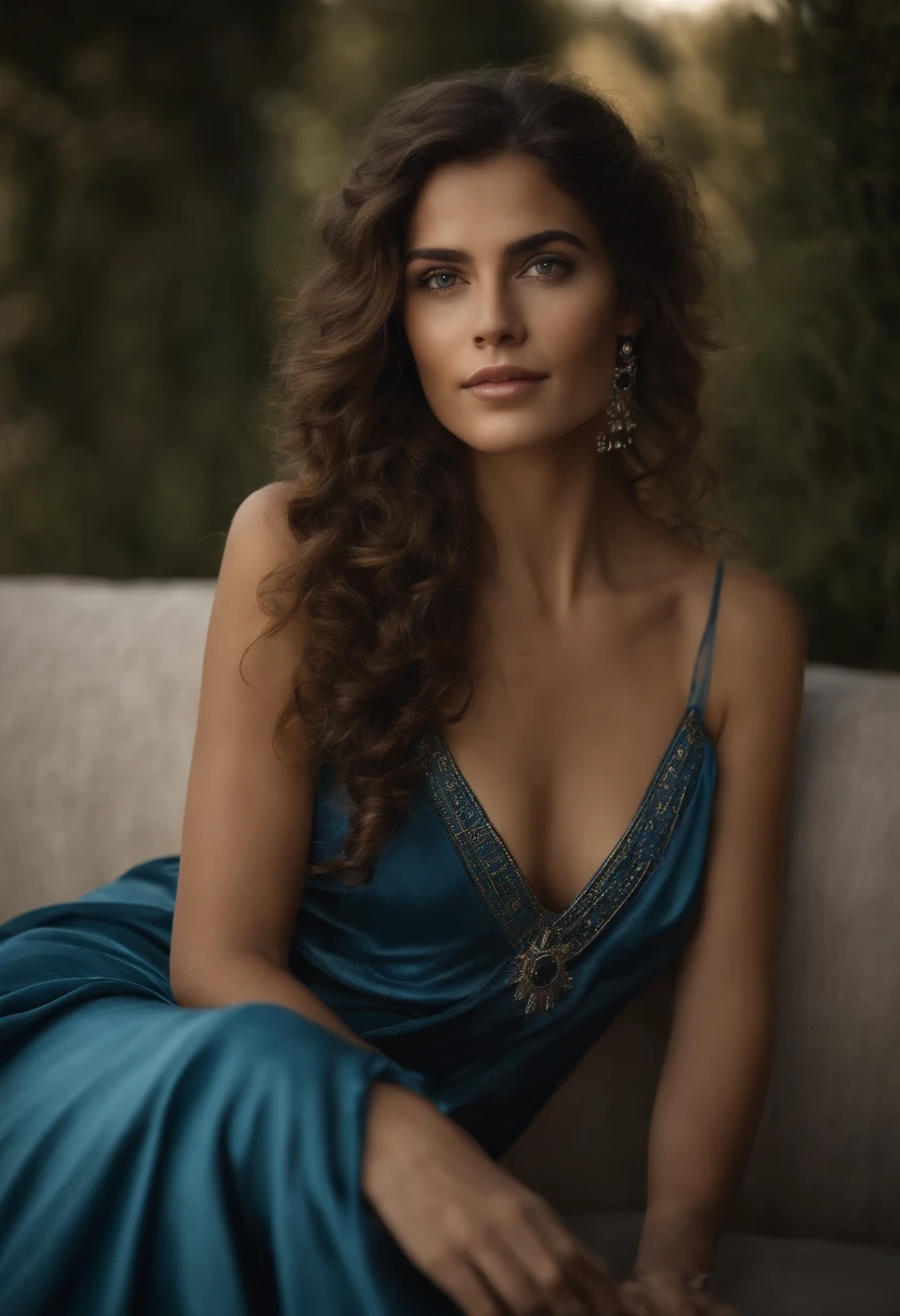 The setting is ancient Greece around the fifth century B.C. Uma bela princesa caminha pelo porto acompanhada por suas damas de companhia. The princess wears a headband and a beautiful richly decorated blue silk tunic. corpo inteiro, whole body view, cabelos loiros, short hair, cabelo sobre o ombro, messy hair, eye reflection, olhos brilhantes, olhos azuis, Olhos europeus, maquiagem, sorrir, Sorriso leve, sorriso sedutor, pele clara, rosto perFeito, beautiful face, perfect feets, Neoclassicismo muito sexy, classic greek, proFundidade de campo, Cinematic lighting, reflection light, Backlighting, Hasselblad, 135 mm, F/16, UHD, master part, anatomicamente correto, pele texturizada, Super Detalhe, alta qualidade, Detalhes altos, Premiado, Altas, 1080P, 8k