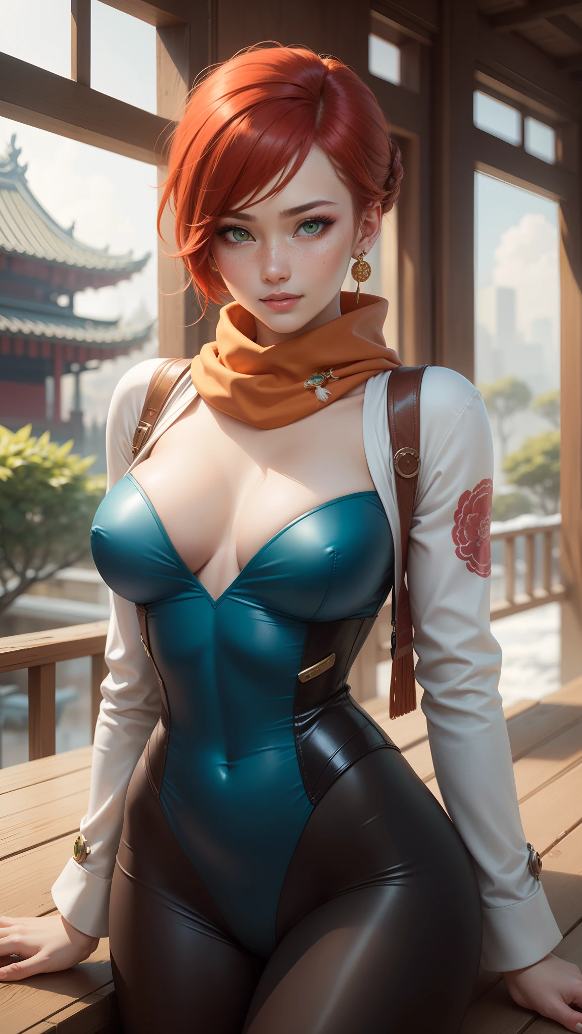 gwen tennyson,tracer,chun-li,rebecca chambers,overwatch,gundam,1girl,close up,mecha pilot,chinese garden,orange and rose plugsuit,chinese hair pin,pirate corset,silver long sleeve lycra top,silver leggings,short hair,cute makeup,green eyes,orange and blue hair,shy smile, freckles,redhead,beautiful girl,large breasts,ultra detailed,realistic,fantasy art,chinese dress,chinese armor,snow scarf,feudal era,earrings,