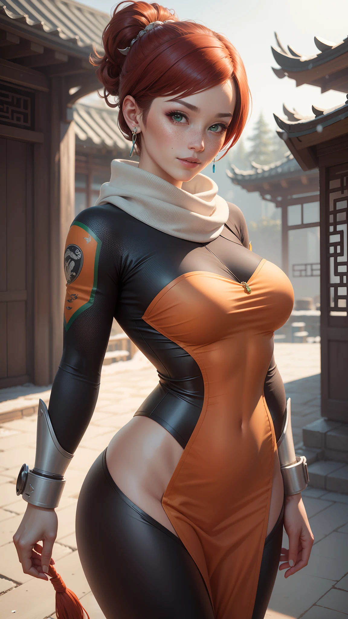 gwen tennyson,tracer,chun-li,rebecca chambers,overwatch,gundam,1girl,close up,mecha pilot,chinese garden,orange and rose plugsuit,chinese hair pin,pirate corset,silver long sleeve lycra top,silver leggings,short hair,cute makeup,green eyes,orange and blue hair,shy smile, freckles,redhead,beautiful girl,large breasts,ultra detailed,realistic,fantasy art,chinese dress,chinese armor,snow scarf,feudal era,earrings,