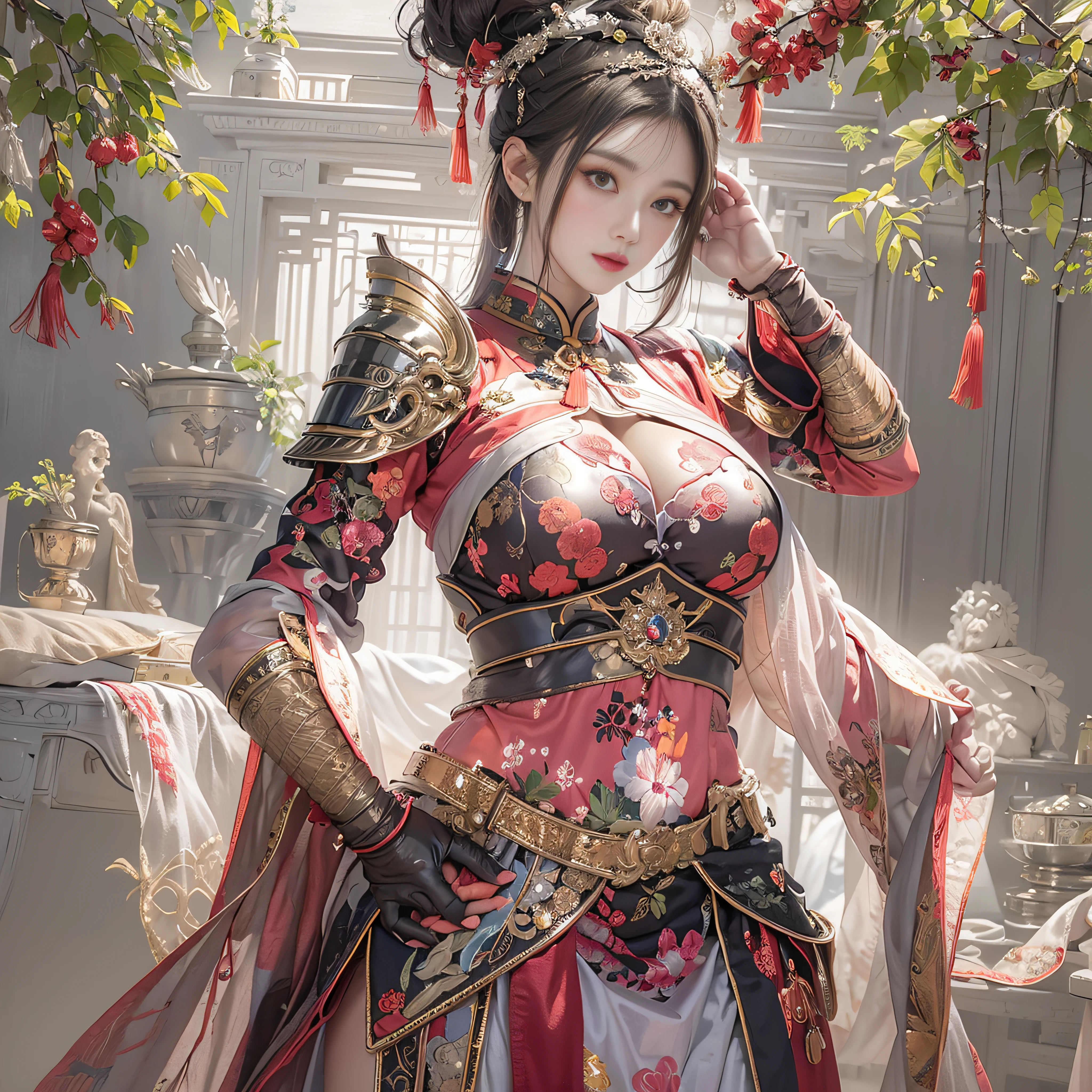 photorealistic portrait, high-res, Soft light,1woman, bara, full body image, Slender Figure, Beautiful hips, gleaming skin, Overflowing big breasts, seductive posture., Reveal the breasts....., (higly detailed face), Beautiful Chinese Armor