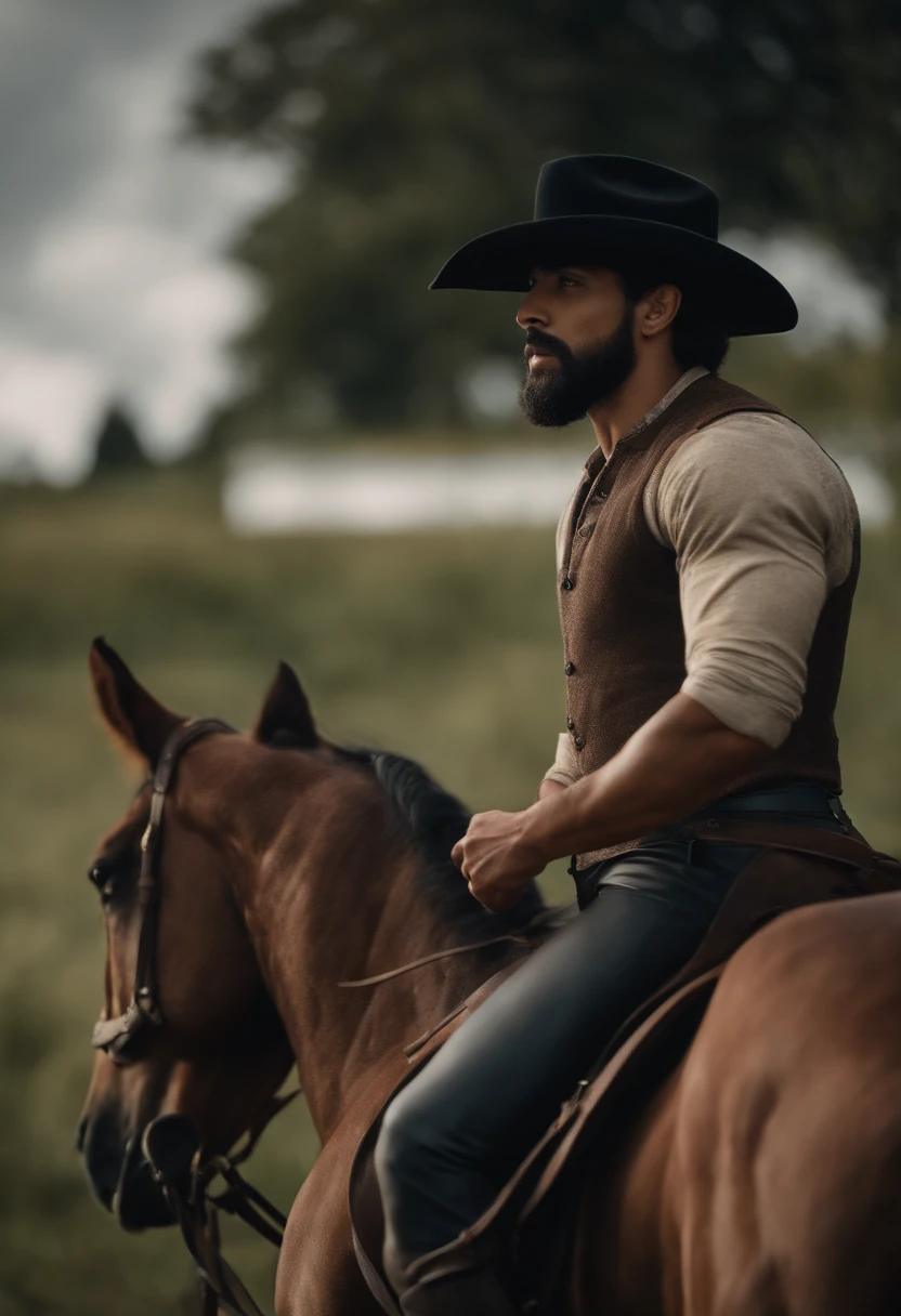 There's a young Latino man with a beard,Muscular in front of it is a farm,He's riding an extremely beautiful horse, imagem em 8k detalhado