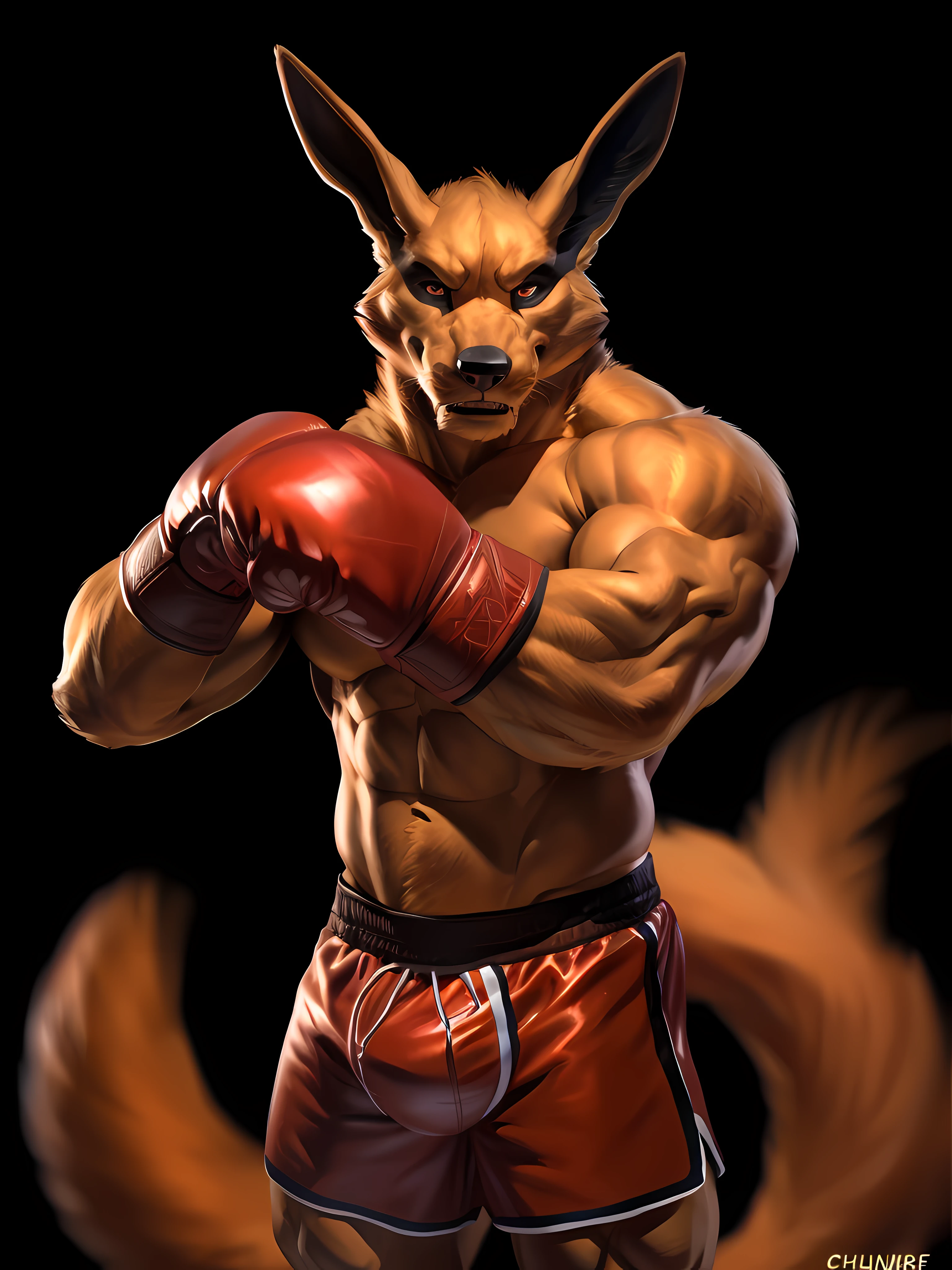 kurama, wearing boxing gloves, 4k, high resolution, best quality, posted on e621, solo, anthro body, male, adult, very masculine, (very muscular, very defined muscles, strong pectorals, large pecs, muscular arms, muscular legs, heavyweight:1.2), correct anatomy, (black background, no background, featureless background:1.4), (by wfa:0.6), (by spelunker_sal:0.6), (taran fiddler anatomy, chunie lighting:1.0), (red boxing trunks, red boxing gloves), (detailed eyes:1.2), (detailed shading, photorealistic shading, masterpiece:1.2), confident, proud, (front view:1.2), angry face, furrowed brows, looking at viewer, single tail, boxing pose