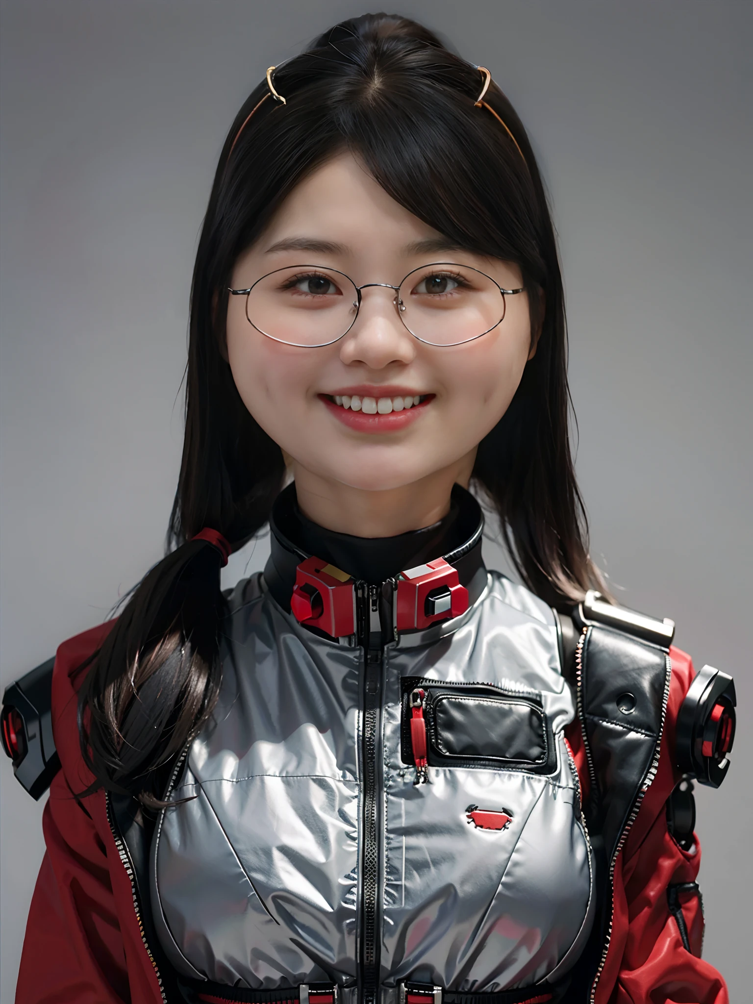 1 beautiful woman，Wearing a red mech，bulletproof vest，pony tails，cyber punk perssonage，greybackground