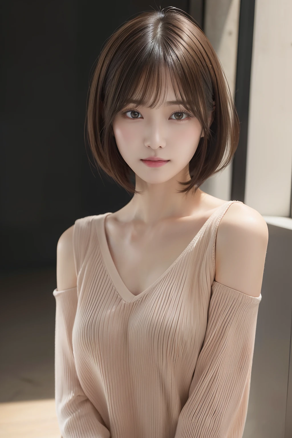 (​masterpiece:1.3), (8K, Photorealsitic, Raw photography, Top image quality: 1.4), japanes, (1girl in), beauitful face, (Lifelike face), (A dark-haired, short-hair:1.3), Beautiful hairstyle, realisticeyes, Eyes in Beautiful Details, (real looking skin), Beautiful skins, enticing, 超A high resolution, A hyper-realistic, high detailing, the golden ratio, prety woman:1.4、light brown hair、top-quality、​masterpiece、超A high resolution、(Photorealsitic:1.4)、Highly detailed and professional lighting smile、Loose and light knitwear、Shoulder out、slender、serious facial expression、Longhaire、Fatal position、乃木坂アイドル、韓国アイドル、hposing Gravure Idol、女優、25-years old、tall, Glamour、flank、(age19:1.5),