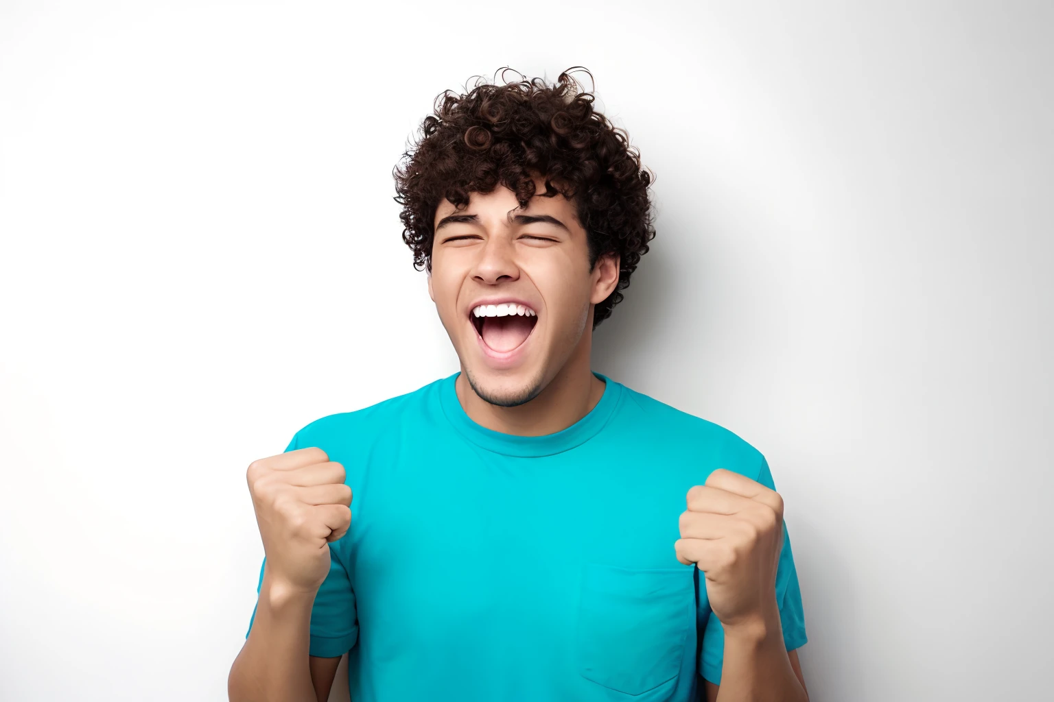 There's a man with curly hair and a yellow shirt holding his fists up, excited expression, excitado, excited facial expression, muito animado, brutal joyful face expression, expressive happy smug expression, homem gritando, ecstatic facial expression, riso e cara de grito, ser encantado e alegre, homem rindo, Piada, extremamente feliz, explodindo com energia positiva, O homem encontra a felicidade