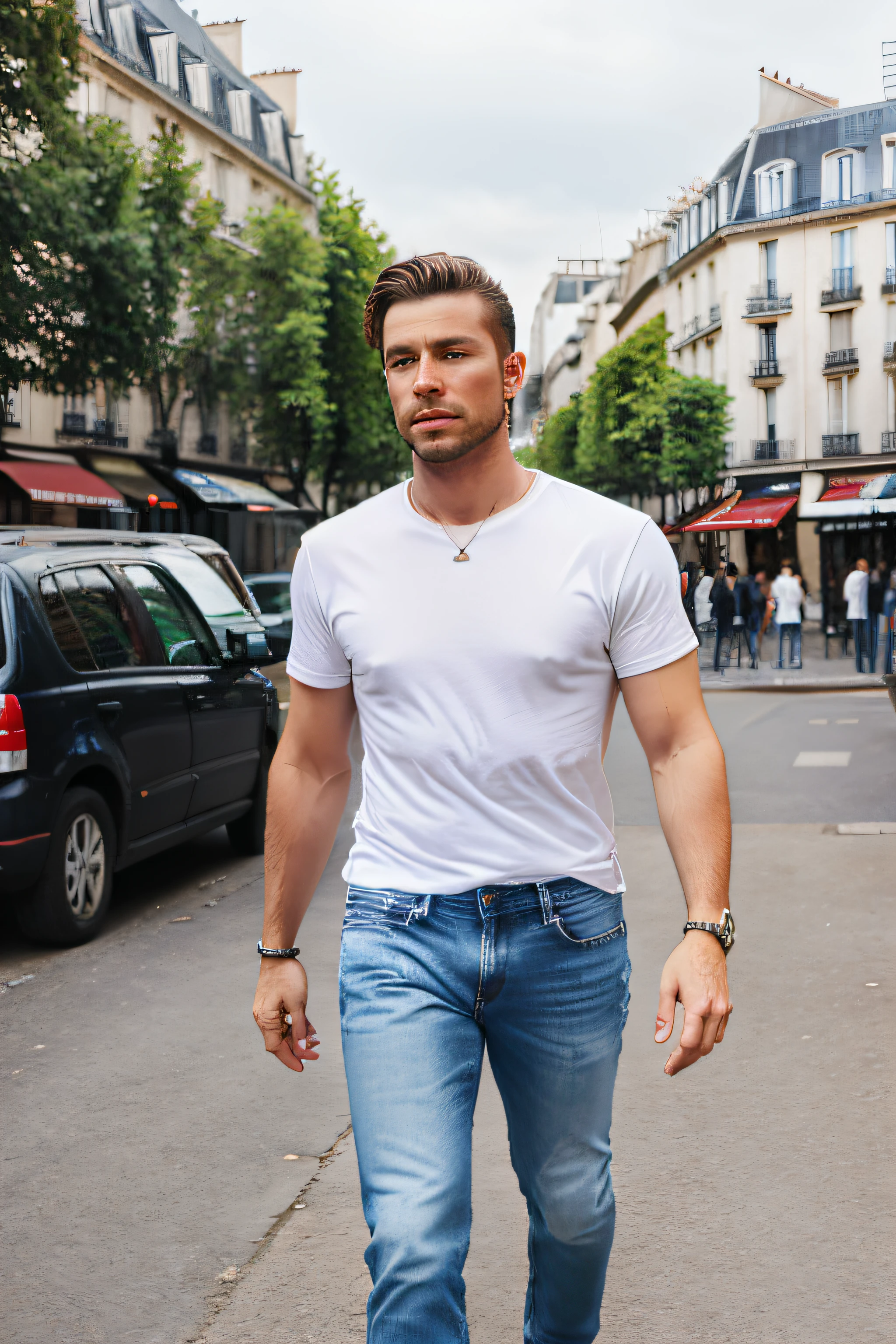 a white man wandering where to go, jeans and white t-shirt outfit, paris background