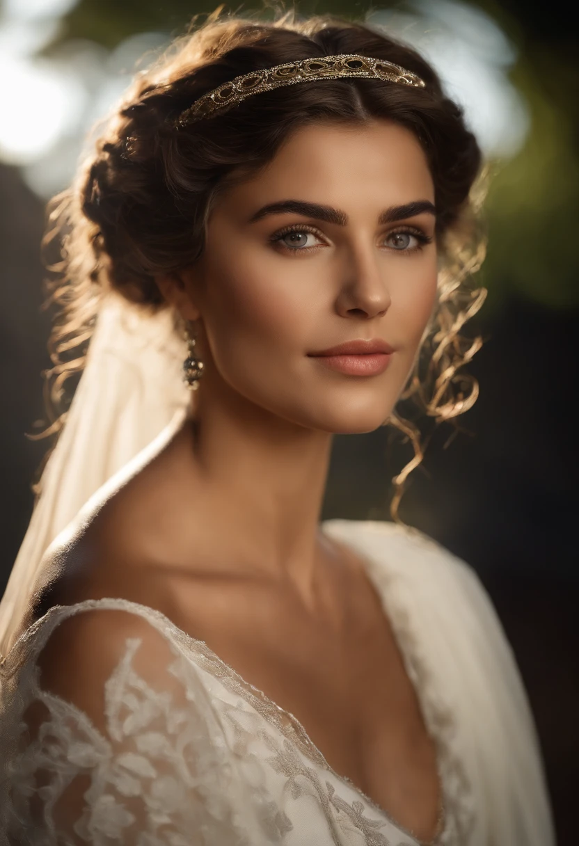 The setting is ancient Greece around the fifth century B.C. Uma bela princesa caminha pelo porto acompanhada por suas damas de companhia. The princess wears a headband and a beautiful richly decorated blue silk tunic. corpo inteiro, whole body view, cabelos loiros, short hair, cabelo sobre o ombro, messy hair, eye reflection, olhos brilhantes, olhos azuis, olhos europeus, maquiagem, sorrir, sorriso leve, sorriso sedutor, pele clara, rosto perfeito, beautiful face, perfect feets, Neoclassicismo muito sexy, classic greek, profundidade de campo, Cinematic lighting, reflection light, Backlighting, Hasselblad, 135 mm, F/16, UHD, master part, anatomicamente correto, pele texturizada, super detalhe, alta qualidade, detalhes altos, Concedido, Alto, 1080P, 8k
