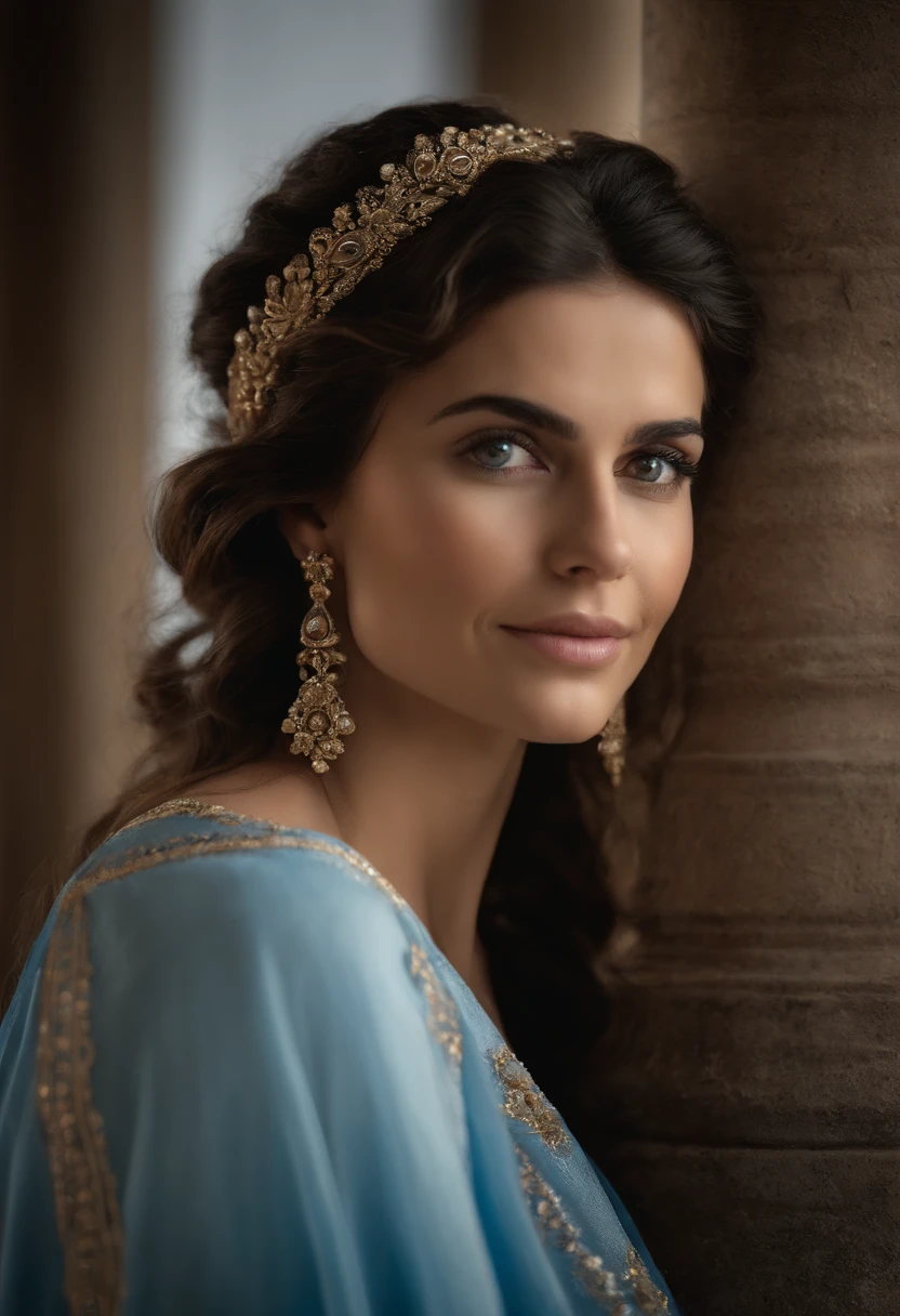 The setting is ancient Greece around the fifth century B.C. Uma bela princesa caminha pelo porto acompanhada por suas damas de companhia. The princess wears a headband and a beautiful richly decorated blue silk tunic. corpo inteiro, whole body view, cabelos loiros, short hair, cabelo sobre o ombro, messy hair, eye reflection, olhos brilhantes, olhos azuis, olhos europeus, maquiagem, sorrir, sorriso leve, sorriso sedutor, pele clara, rosto perfeito, beautiful face, perfect feets, Neoclassicismo muito sexy, classic greek, profundidade de campo, Cinematic lighting, reflection light, Backlighting, Hasselblad, 135 mm, F/16, UHD, master part, anatomicamente correto, pele texturizada, super detalhe, alta qualidade, detalhes altos, Concedido, Alto, 1080P, 8k
